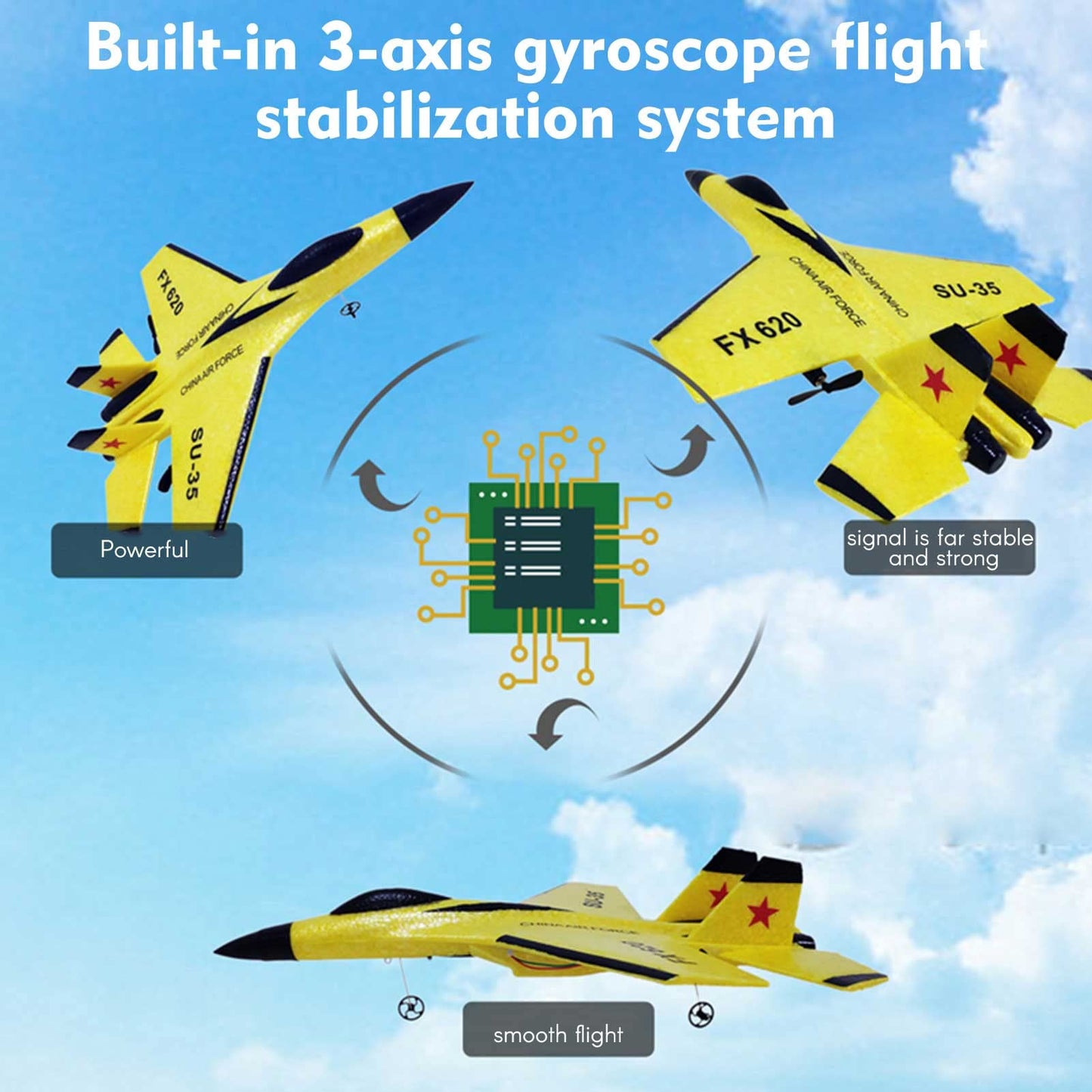 GoolRC FX620 RC Airplane, 2.4GHz Remote Control Airplane, 2 Channel RC Plane, SU-35 RC Glider EPP Aircraft Model with 3-Axis Gyro, Outdoor Flight Toys for Teens and Adults with 2 Battery (Yellow)