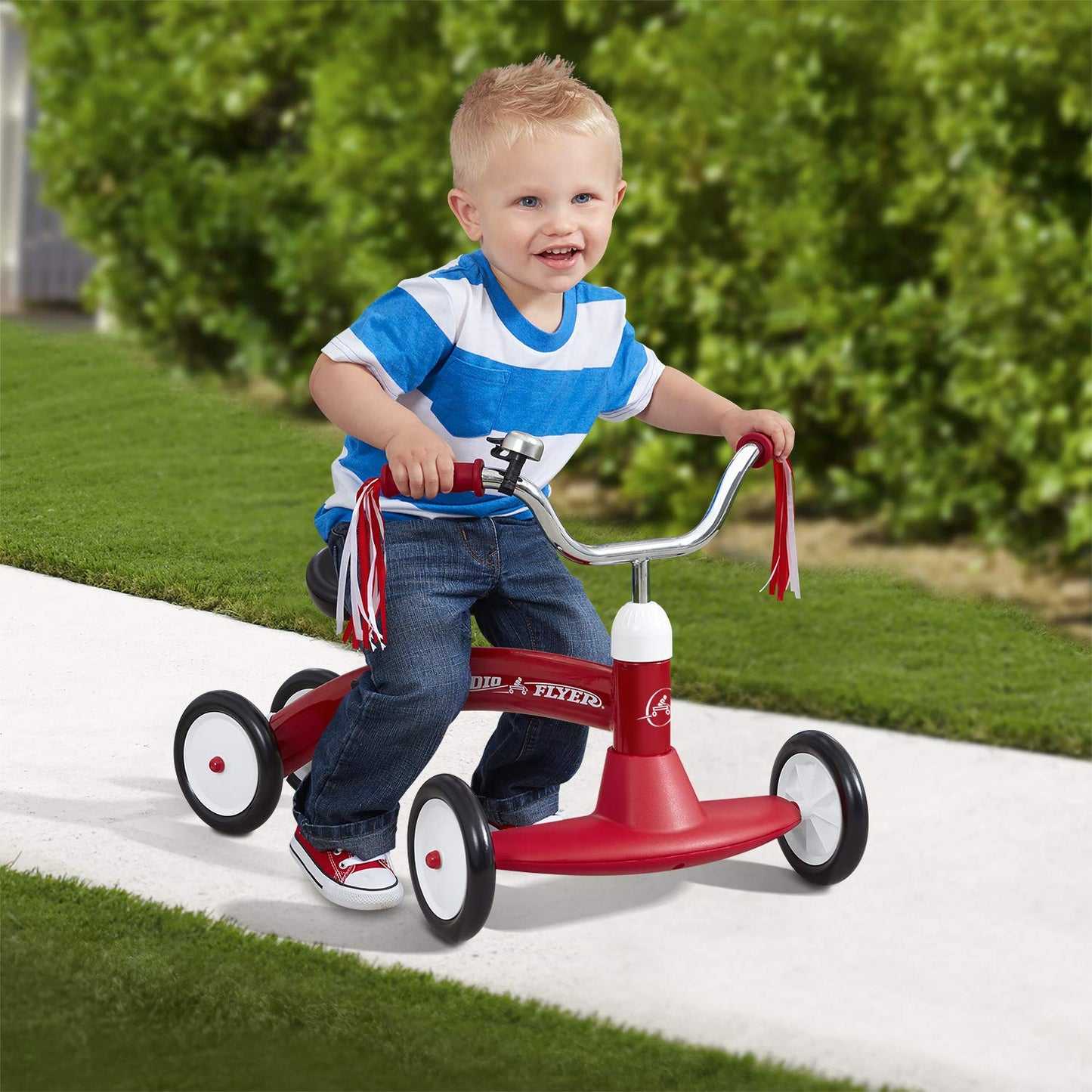 Radio Flyer Scoot About Ride On, For Toddlers 1-3, Adjustable Seat, Stable Wide-Set Front Wheels, Clear Kick Path, Furniture-Friendly Bumper, Easy-Glide Wheels, 42 lb Capacity, Toddler Ride On Toys