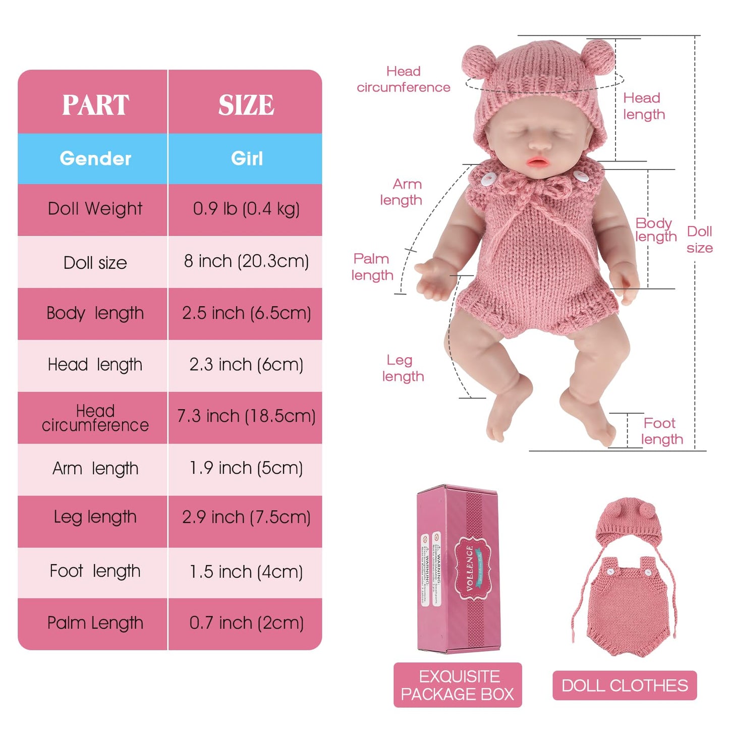 Vollence 8 inch Mini Silicone Baby Dolls Cute Realistic Newborn Preemie Miniature Babies for Kid Birthday Gifts - Girl