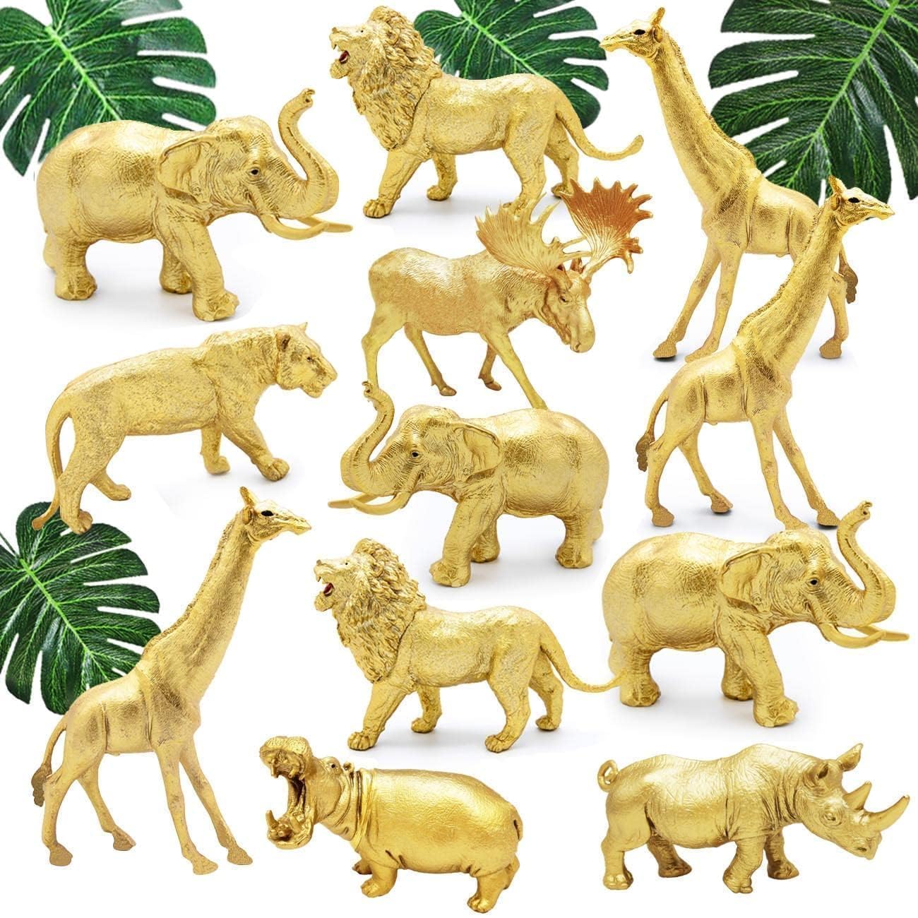 Metallic Gold Plastic Animal Figurines Toys, 12PCS Golden Safari Zoo Animal Figures, Jungle Wild Animals for Baby Shower Decor, Safari Themed Birthday Party, Christmas Decoration Gifts