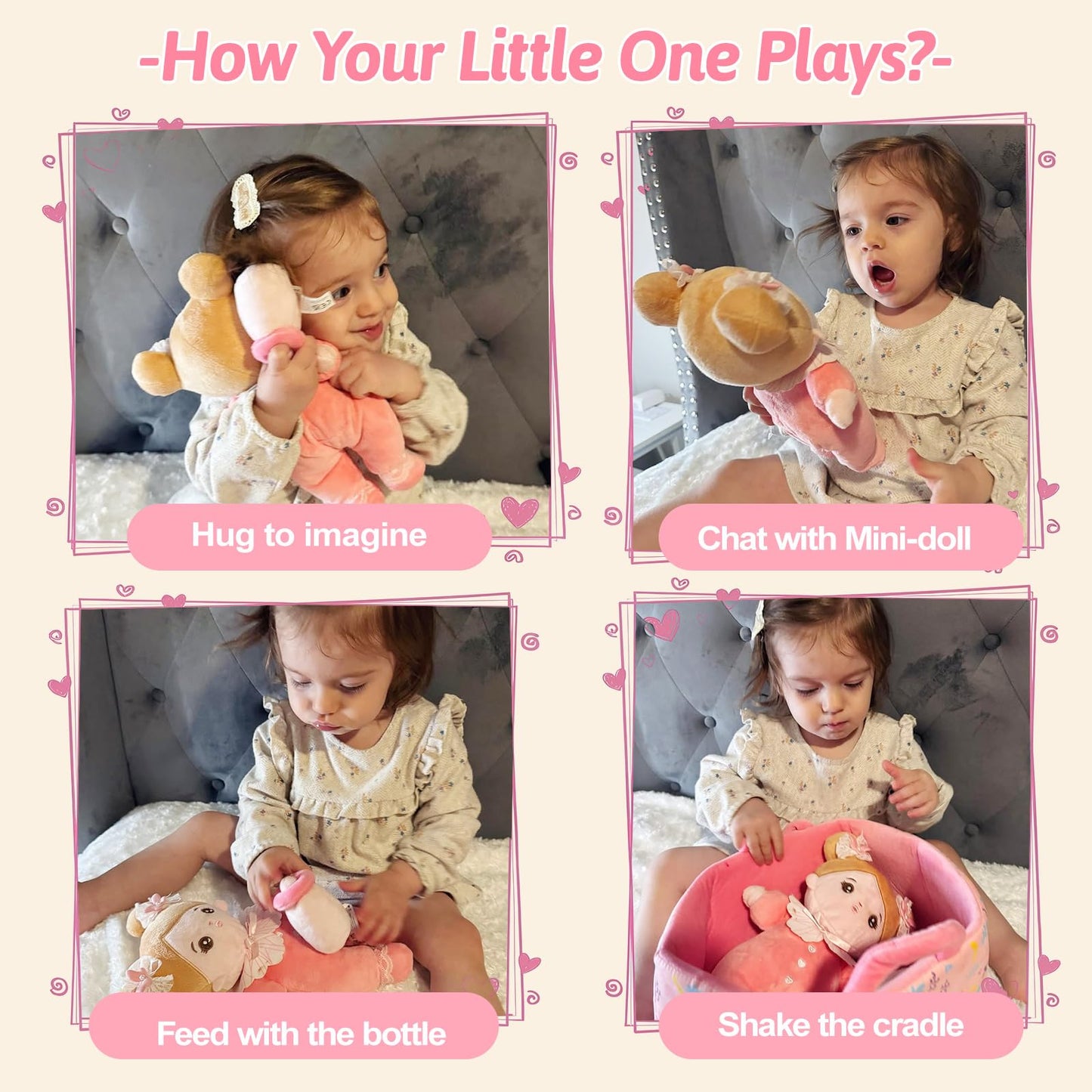 OUOZZZ 10" Soft Baby Doll Accessories with Plush Doll, Bassinet, Blanket and Bottle, Toys for 2 Year Olds Girls Birthday Gift, Interactive Pretend Playset for Preschool Gametime Pink