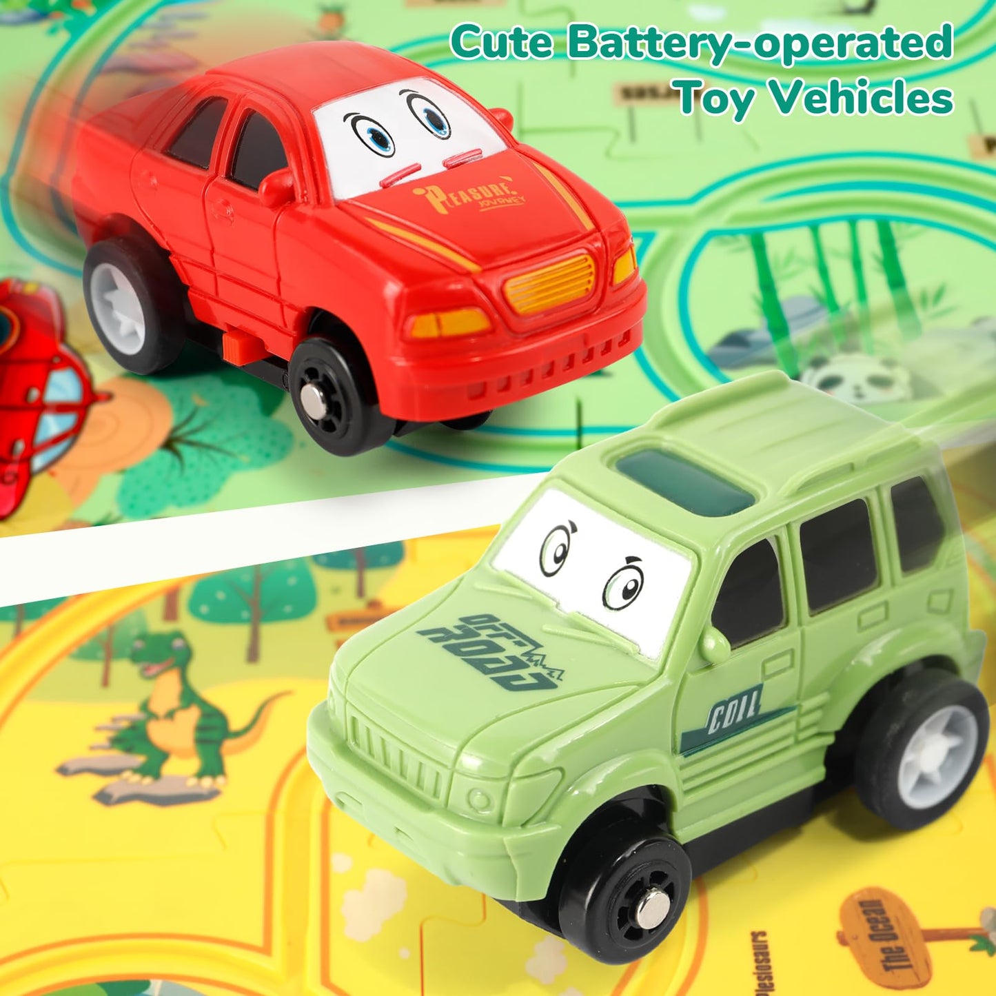 YOOYID Plastic Floor Puzzles for Kids Ages 3-5 with 2 Cute Vehicles, Race Tracks for Kids 3-5, Puzzle Racer Kids Car Track Set, Toys for 3 4 5 6 Year Old Boys Girls, STEM Toys for Kids