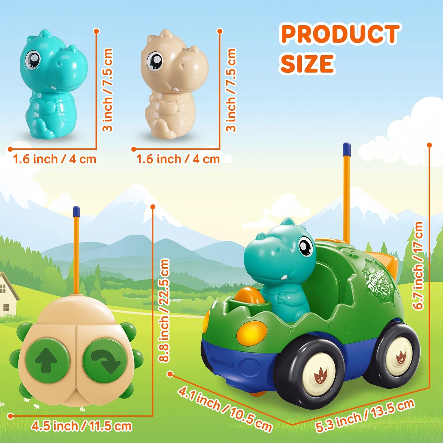 Pup Go Dinosaur Remote Control Car for Toddler 1 2 3 Years Old, My First RC Car with Music & Lights, 2 Interchangeable Dolls, Baby Dinosaur Toys, Ideal Gifts for Kids Boys Girls (Forest Green)