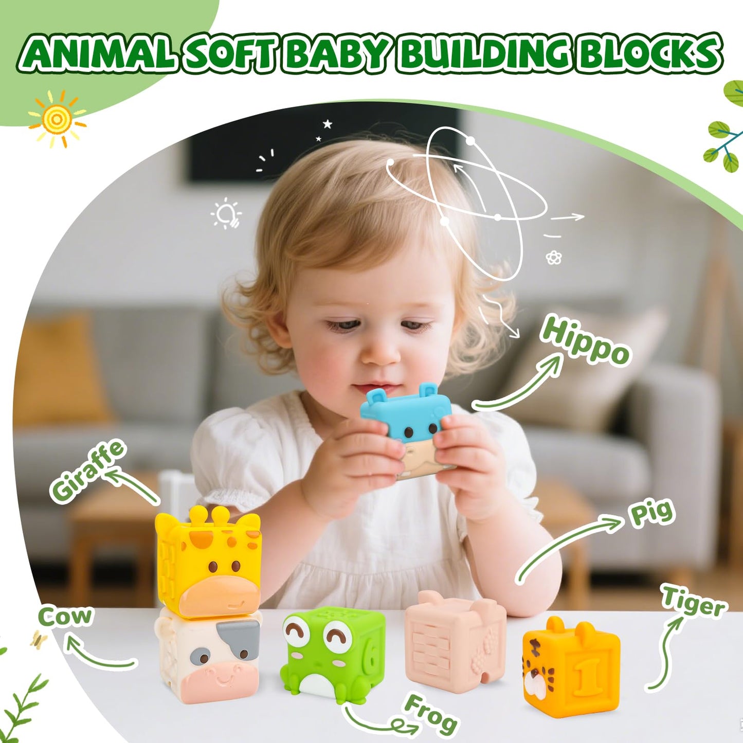 BOBOBELL Animal Soft Baby Blocks,Silicone Squeeze Building Blocks Stacking Toys for 6+ Months Babies,Early Learning Touch Education Toys with Numbers Animals Fruits Texture Baby Gifts Easter Basket