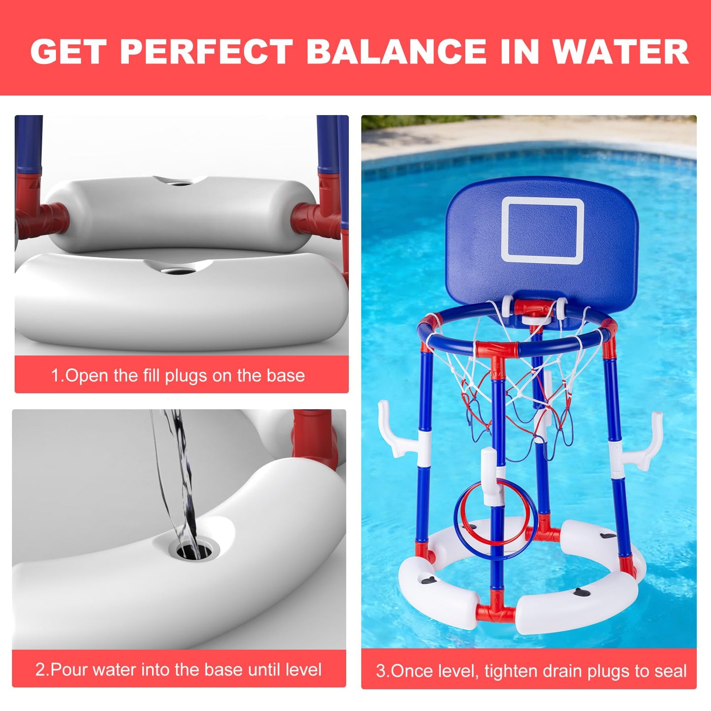 EXCECAR 2-in-1 Floating Pool Basketball Hoop Set,Blue Swimming Pool Basketball Hoop with Backboard,4 Balls,6 Rings & Pump,Water Basketball Hoop for Pool Party Fun & Outdoor Indoor Pool Toys