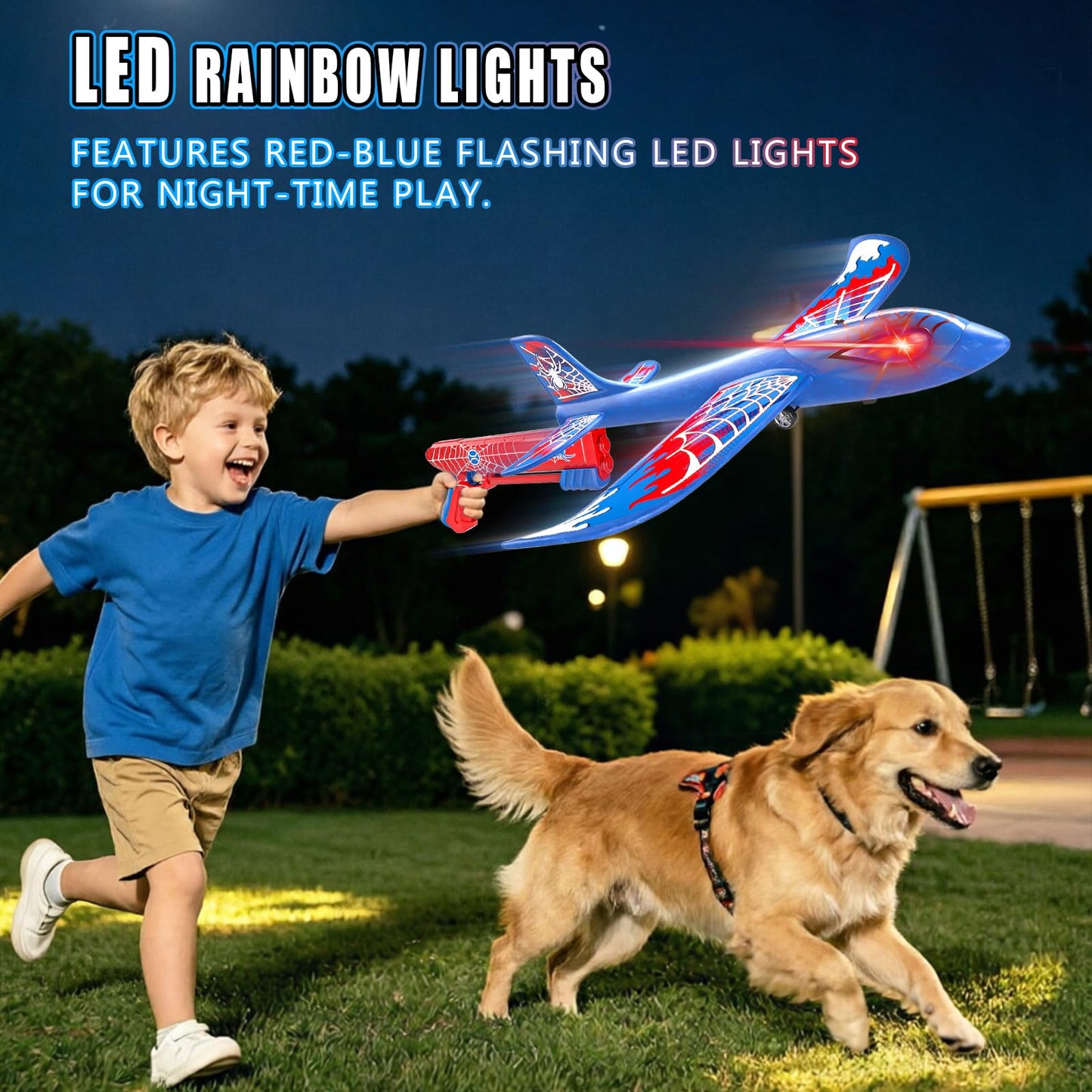 Doloowee Foam Airplane Launcher Toys for Kids, Outdoor Sport Flying Toys, 3 Pack 12.6" Foam Glider LED Plane, 1 Catapult with 3 Foam Planes, Gifts for 3 4 5 6 7 8 9 10 12 Year Old Boys Girls