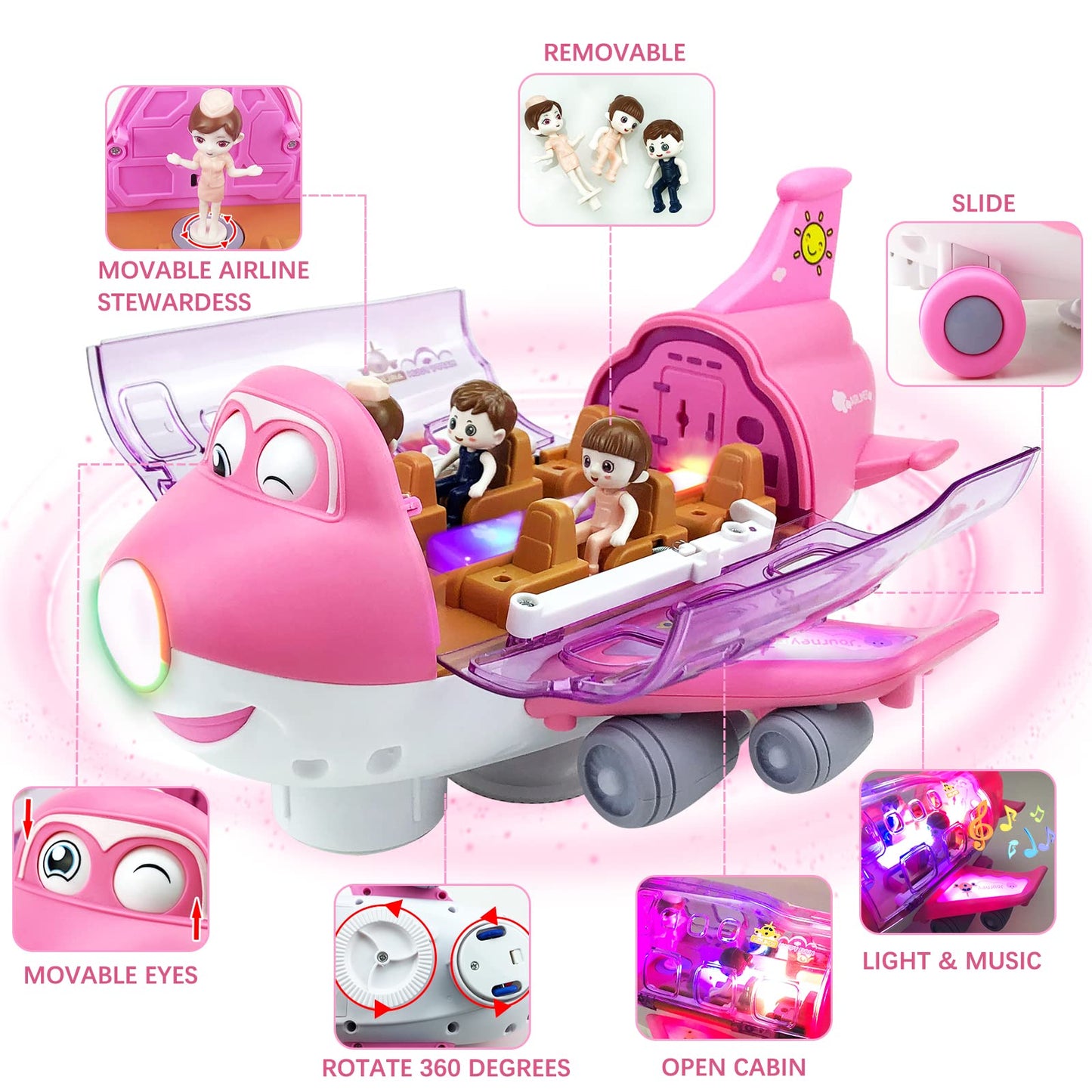 Ynybusi Pink Airplane Toys for Toddlers 1-3-5, Toy Airplane for 4-8 Year Old Boys Girls Birthday, Toddler Toys Bump and Go Action Air Plane with LED Flashing Lights & Sounds (Pink)
