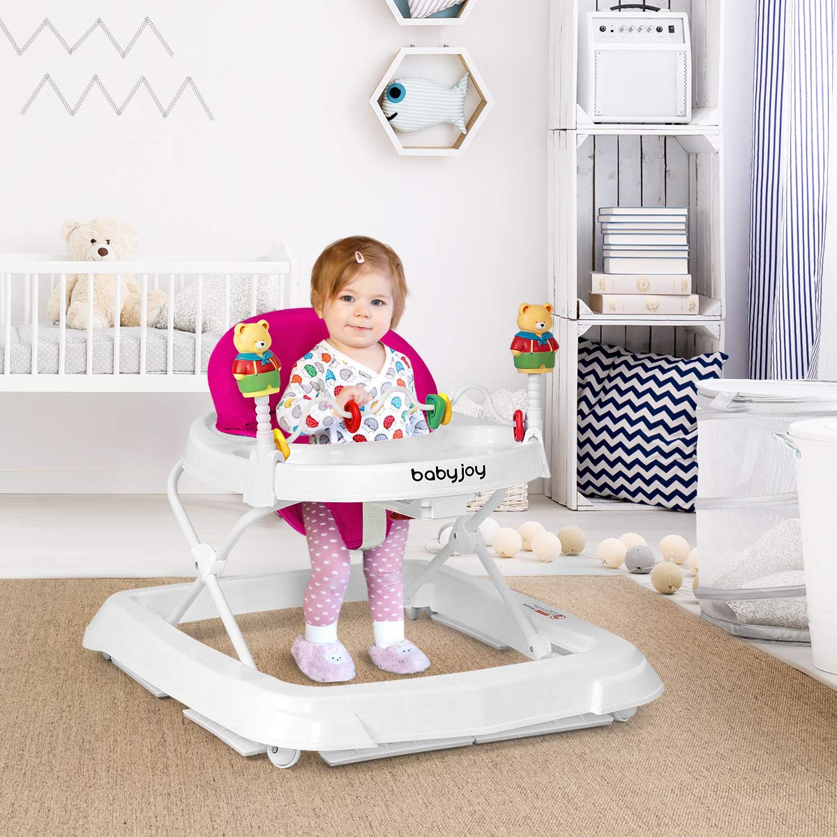 BABY JOY Baby Walker, Foldable Activity Walker with Adjustable Height, Large Tray & Removable Toys, Baby Walker with Wheels for Boys Girls 6-18 Months (Pink)