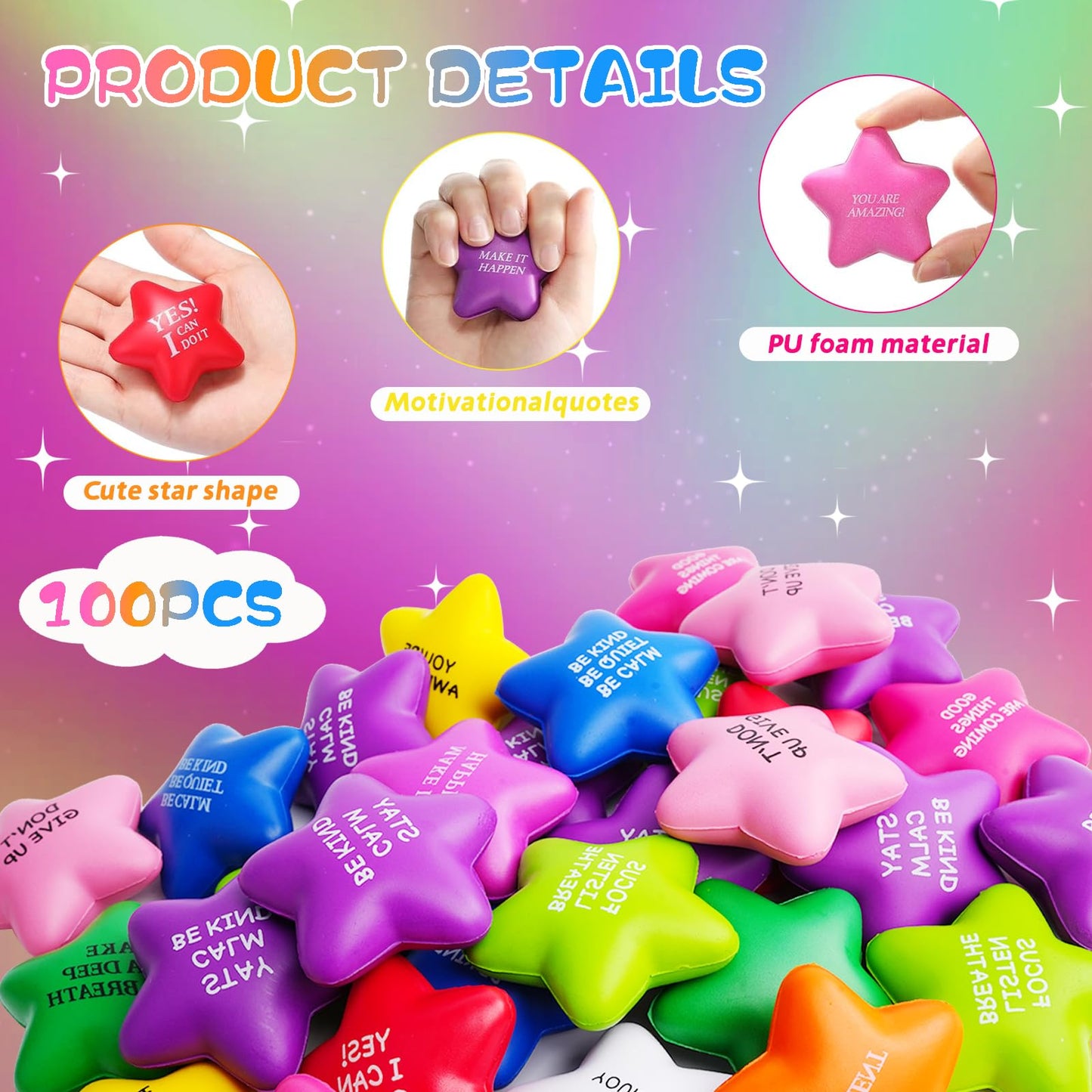 SHQDD 100PCS Bulk Star Stress Balls for Adults & Kids - Motivational Quotes Soft Foam Stress Relief Squeeze Toys, Fidget Anxiety & Anger Relief at Work/School/Home, Perfect Party Favors (Multi-Color)