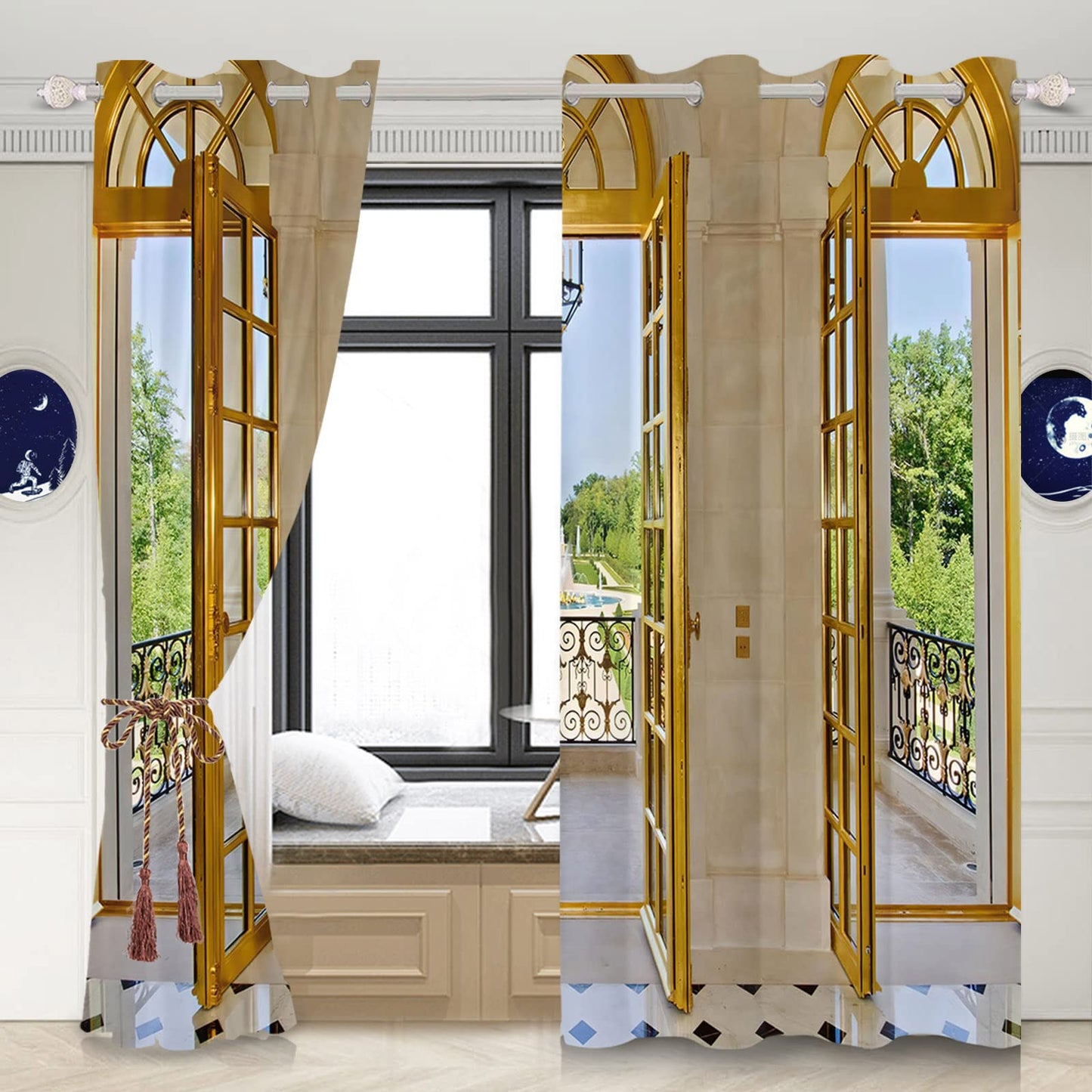 DORCEV Spring Scenery Blackout Curtains Greenery Scenery Outside Balcony Window Curtains French Frame European Style Window Drapes Treatments Set Home Bedroom Living Room Decor,53x84 inch,2 Panels