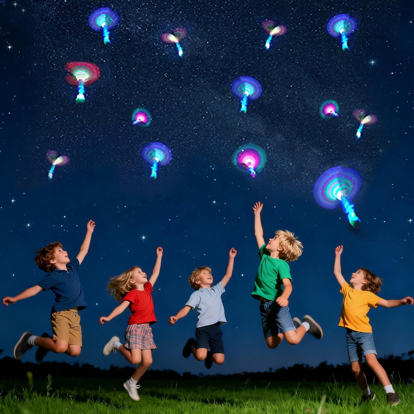 Bloolilies 50 Pcs LED Slingshot Flying Toys for Kids with 25Pcs Slingshots+25Pcs Glow Helicopters Glow in The Dark Rocket Launcher Outdoor Light Up Toys Birthday Gift Party Favors for kids 4-8 8-12