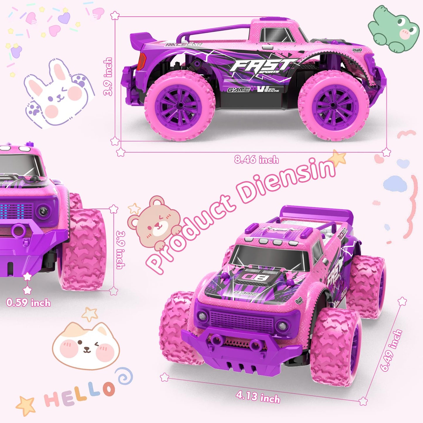 iDrone Remote Control Car for Girls: 1:20 Scale Pink Purple Rc Truck with LED Light and DIY Windmills - 20Km/h All Terrain Fast RC Cars, 2.4GHz Monster Truck Toys for Kids Gift