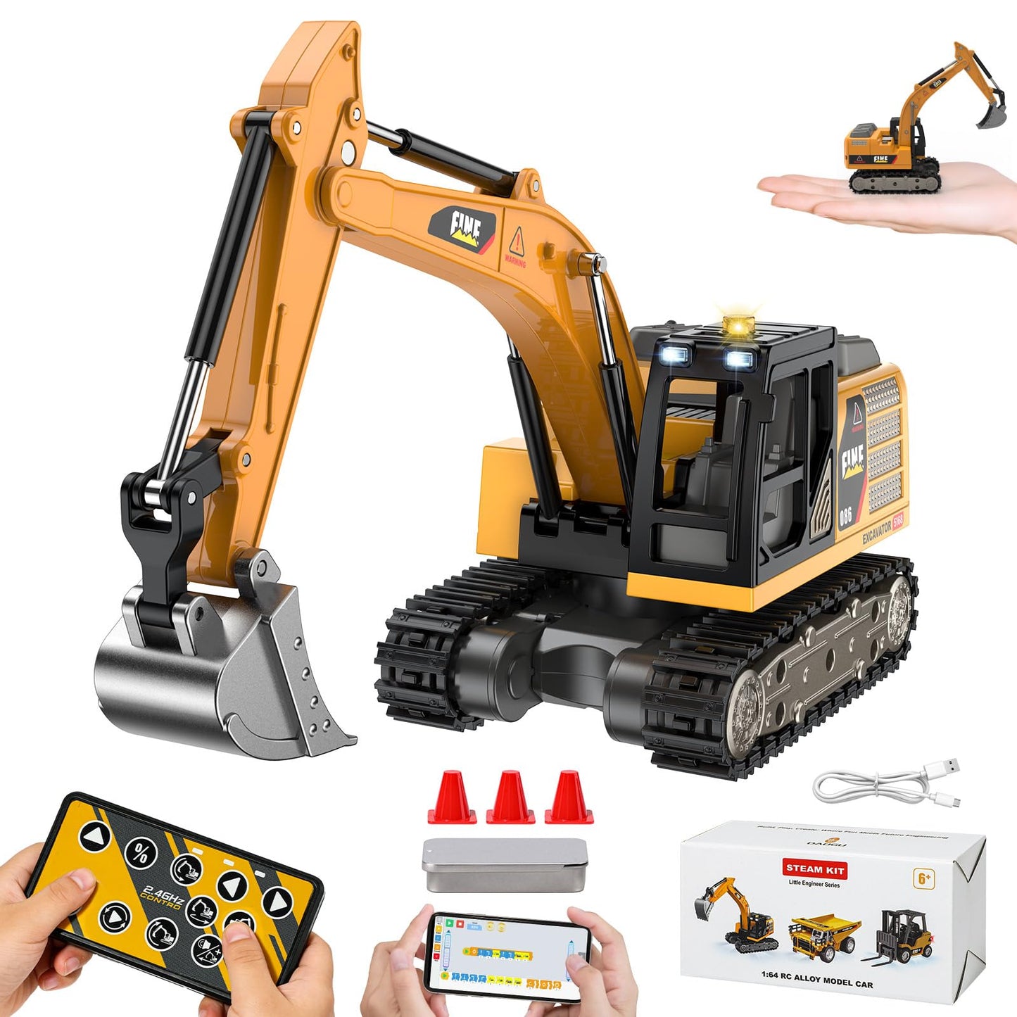 DAOGU Remote Control Excavator Toy,1:64 mini RC Construction Vehicle Toys, STEM Tools for Learning Programming for Boys 3 4 5 6 7 8-12 Year Old Kids Christmas Birthday Gift (mini Excavator)