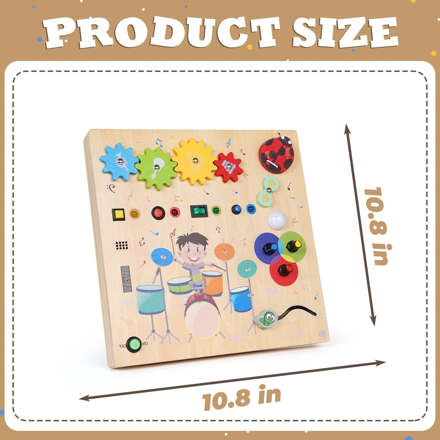 Montessori Busy Board for Toddlers,Wooden Sensory Toys with Wooden Drum Musical Toy,LED Lights,Switches,Learning ActivityBoard for Fine Motor Skills, Travel Toy Fidget Board for Baby Boy & Girl
