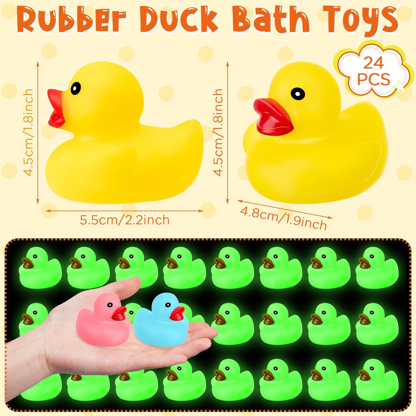 Chitidr 24 Pcs Glow in the Dark Rubber Ducks 2.2'' Luminous Mini Rubber Duck Fluorescent Tiny Light up Floating Squeaky Bathtub Toys for Baby Showers Summer Beach Pool Party Games (Colorful)