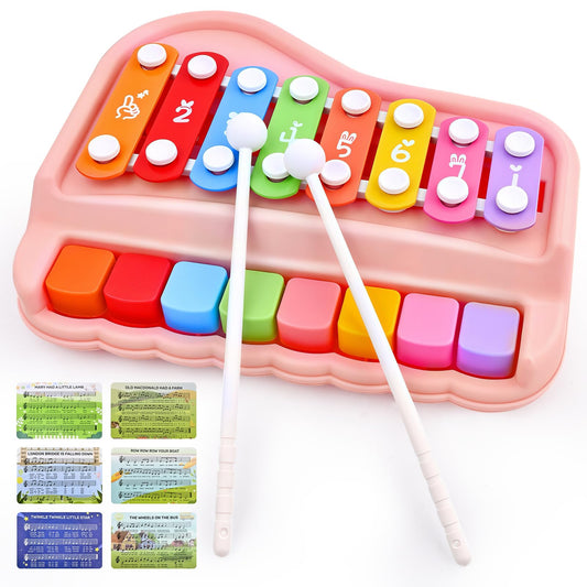 Baby Piano Xylophone Toy for Toddlers Age 1-3, Montessori Musical Toy Double Sided Cards Pink Educational Gift for 1+ Year Old Girl, Safe 3 in 1 Music Toy 8 Colorful Keys for Early Learning