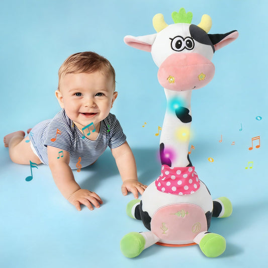 LLUKEME Cute Dancing Cow Interactive Plush Toy with Wiggling Neck | LED Lights | Voice Record & Repeat | 10 Children’s Songs | Funny Toy for Boys Girls Age 1-3
