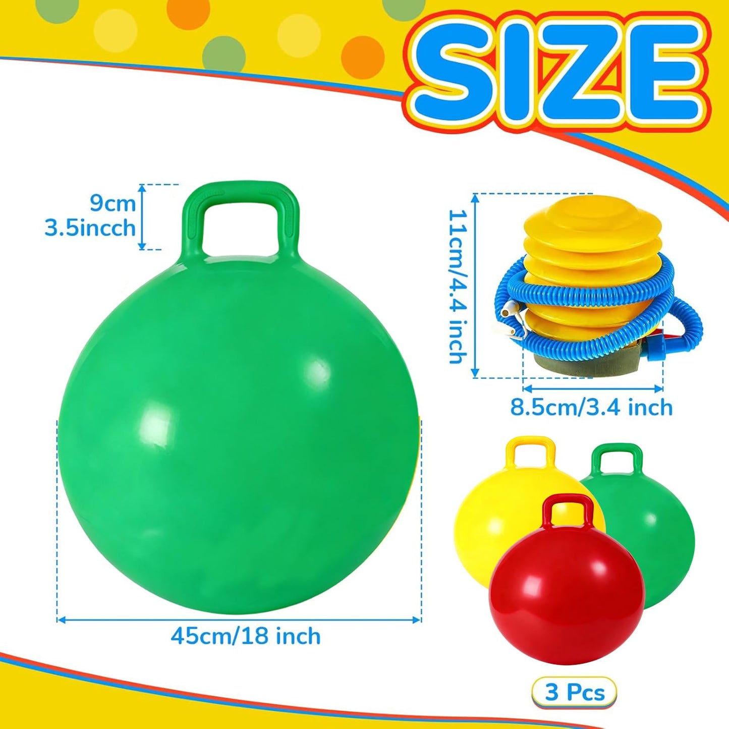 3P Bouncy Balls with Handle, 18in/45cm Sit And Spin Hopper Ball for Kids,Inflatable Jumping Ball Toy with Pump,Indoor Outdoor Fun Toys for Kids Ages 3-8,Great Gift for Birthday (Bouncy Ball-45cm)