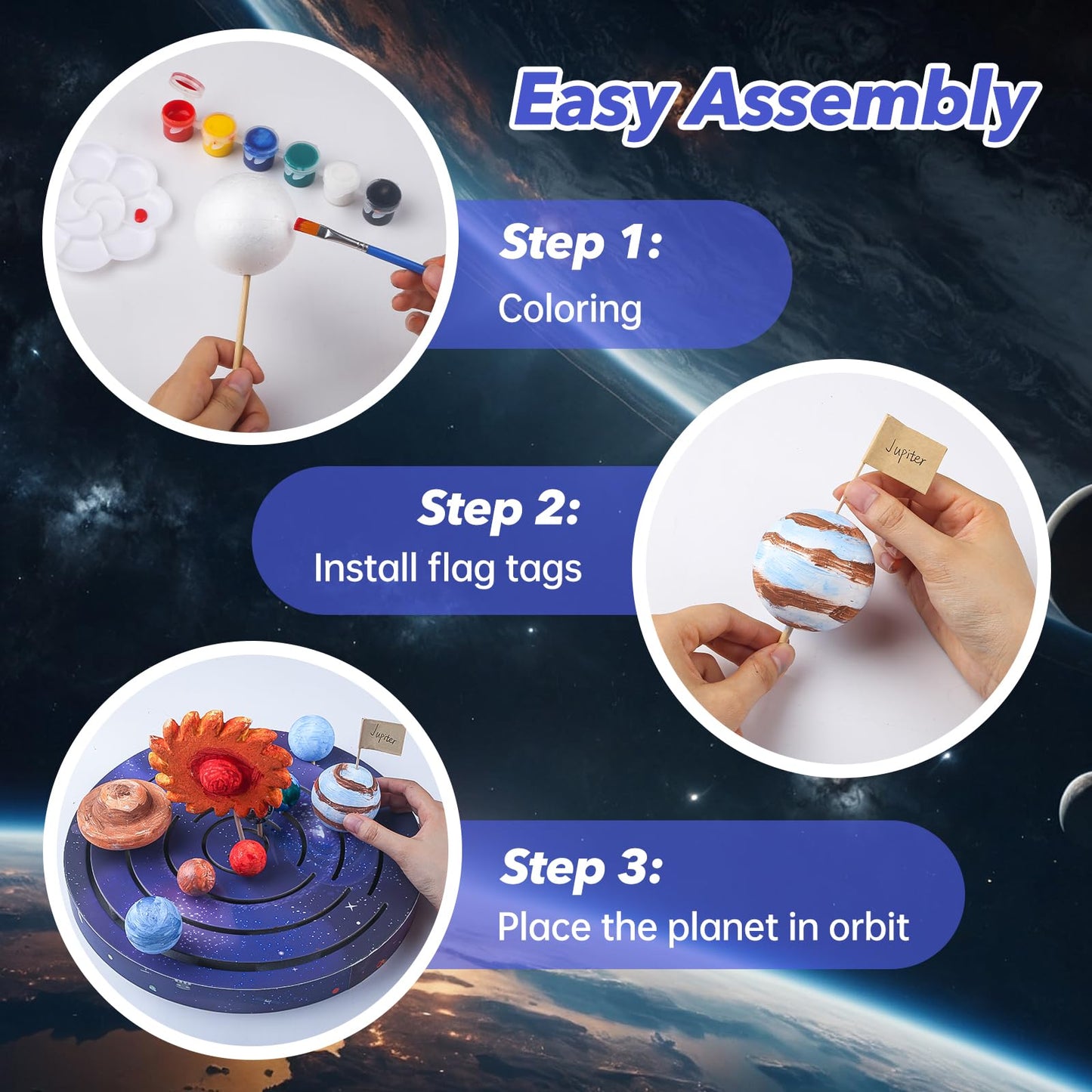 Ohanniewa Solar System Project Kit for Kids, Mixed Sized Foam Balls, Painting Tools and Disc Planetary Orbits, DIY Planets Model for Kids, Stem Toy for Boys and Girls