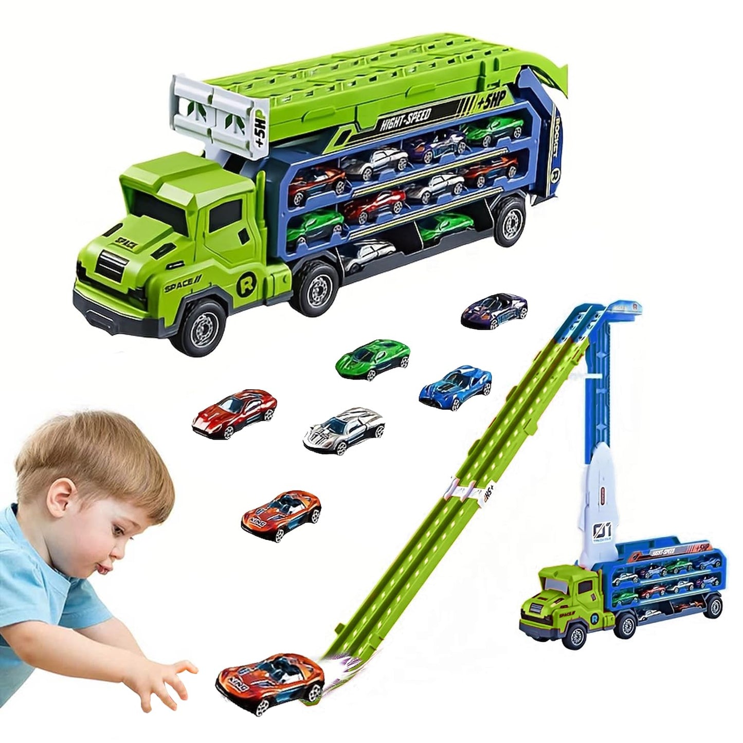 Unimoly Carrier Truck Transport Toy, Foldable 2-Layer Car Race Track Playset with 33" Track & 6 Metal Cars, Birthday Gift for Boys Ages 3-8 (Green)