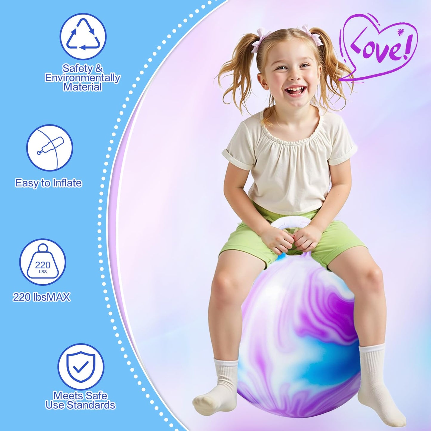 INPANY Hopper Ball, 18 Inches Bouncy Ball with Handles, Bouncing Bounce Balls Hopper, Inflatable Jumping Hopping Toys for Kids Ages 3-6, Hoppity Hop Girls Boys Gifts, Pump Included
