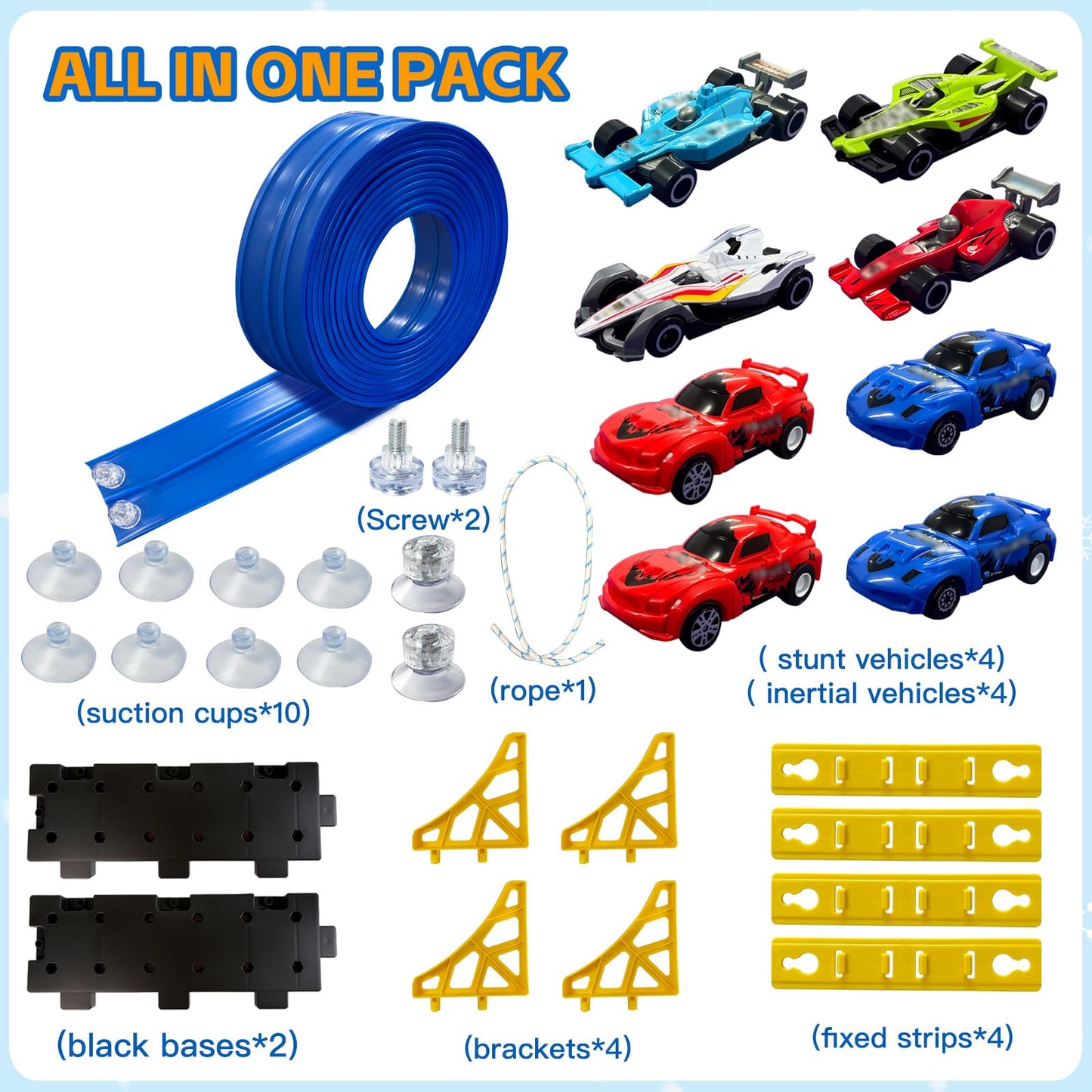 16.5 Ft Flexible Race Track for Kids, Portable DIY Roll-Up Racetrack Set Compatible with Diecast 1/64th Cars - Includes 8 Racing Cars & Super-Grip Gravity Ramp, Birthday Gift for Boys Girls 3-8, Blue