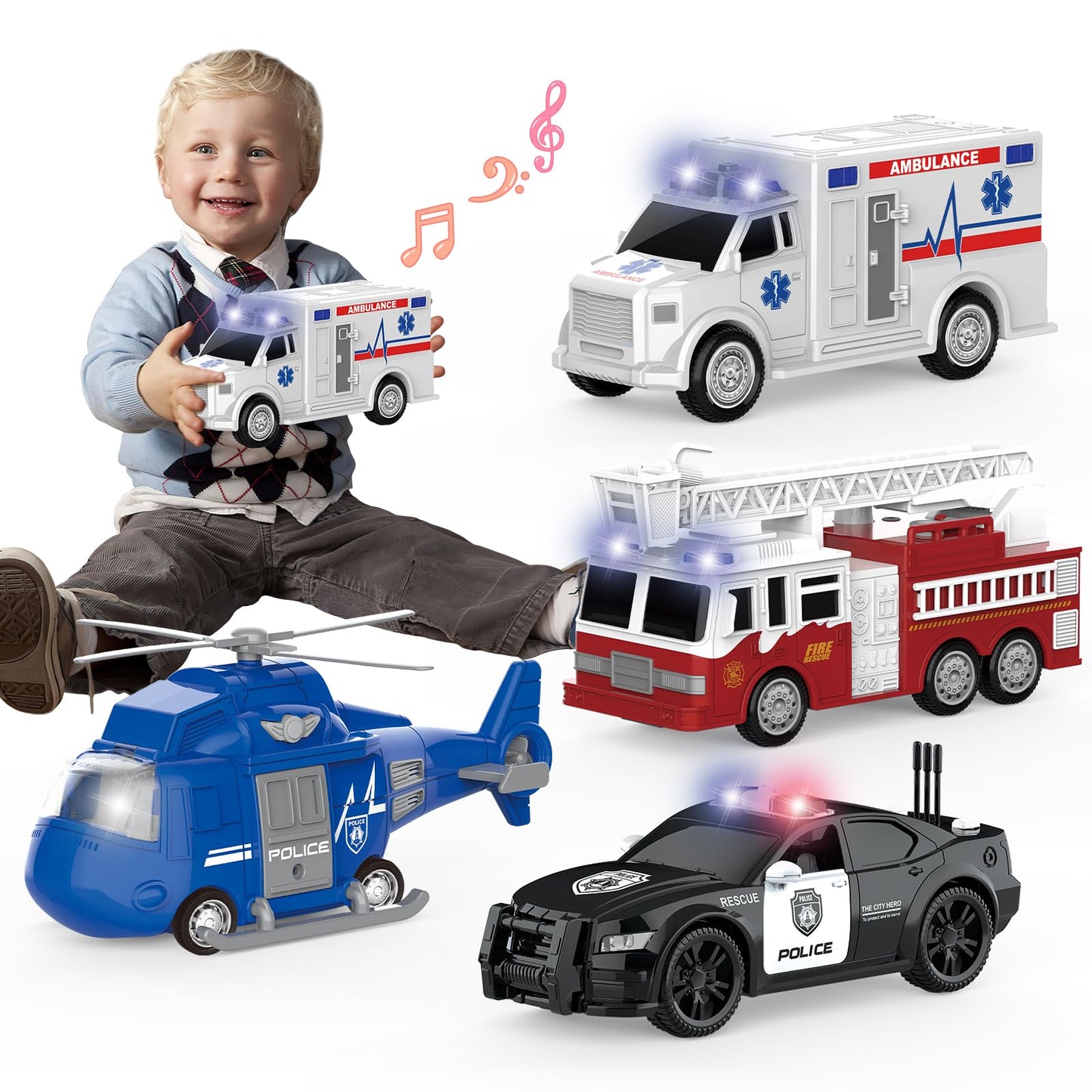 COVTOY 4 Pack Emergency Vehicles with Lights & Siren Sounds - Fire Truck, Ambulance, Police Car & Helicopter - Friction Powered Toys for Boys 3-6