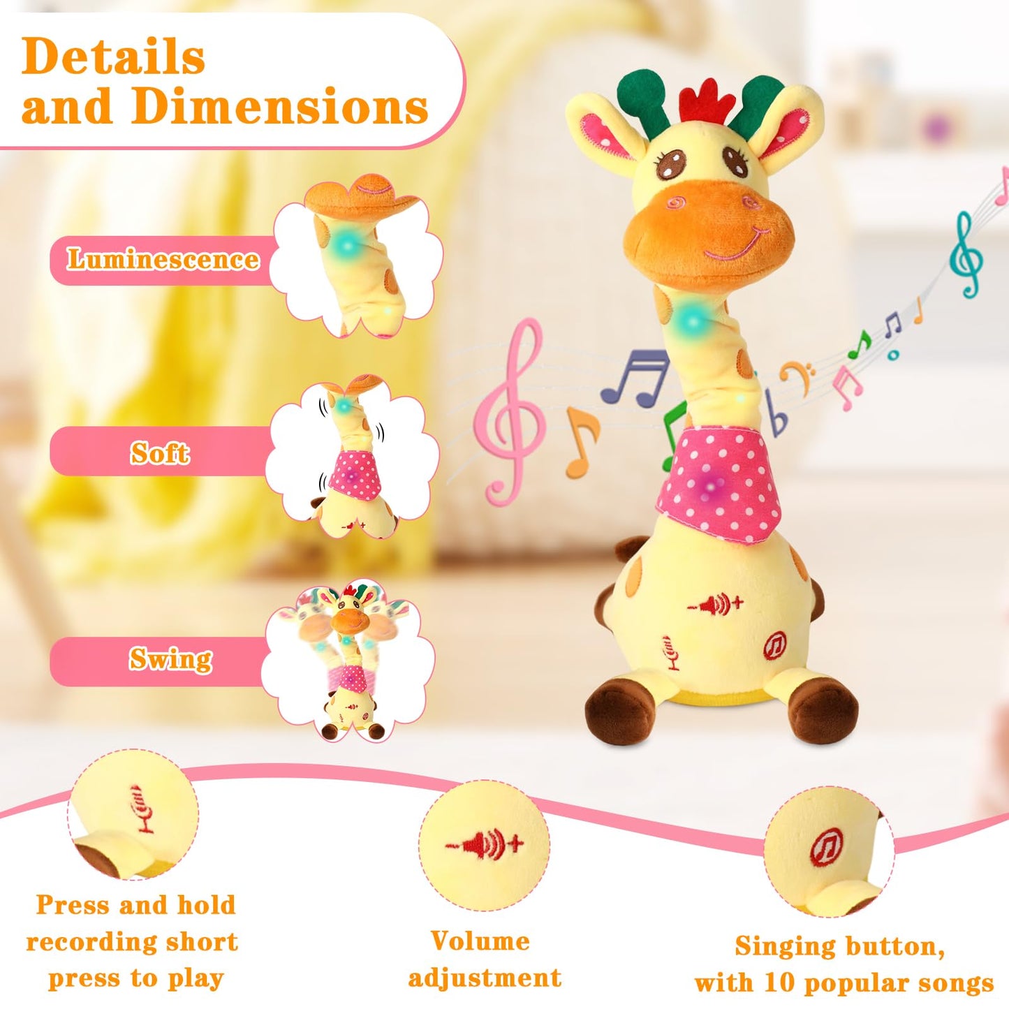 LLUKEME Dancing Talking Giraffe Toy for Baby Girl & Boy, Interactive Stuffed Animal Baby Toy Repeating What You Say, Glowing Musical Giraffe Gifts for Toddlers 1-3 Years Old, for Kids (Giraffe)