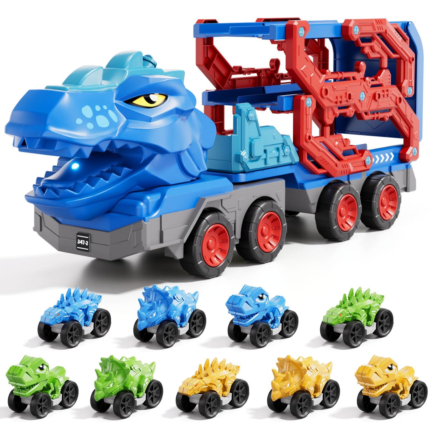 10 in 1 Dinosaur Truck Toys for Kids Toddlers Boys 3-5 4-8, Dino Carrier Truck with Foldable Track, Spray, Light & Sounds and 9 Dino Cars, Birthday Gifts for Kids Boys Girls 3 4 5 6 7 8 Year Old