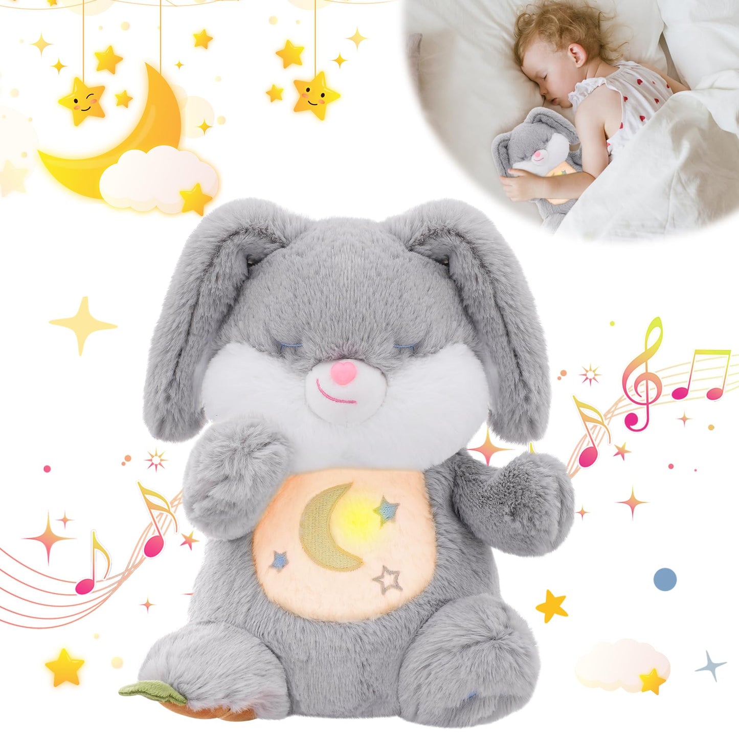 MIAODAM Soothing Cuddle Plush Toy, Breathing Stuffed Animal Bunny Plush with Realistic Breathing Action and Relaxing Music, for Babies and Toddlers, Hugging Plush for Emotional Comfort