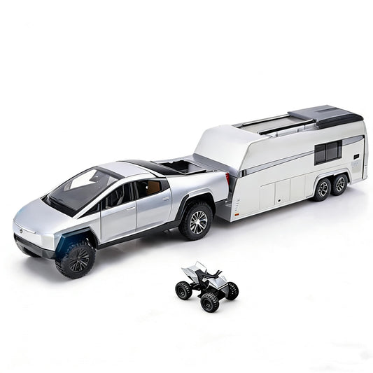 RCOOS Toy Car Alloy Truck Set with Trailer and Motorcycle Cyberpickup Toy with Sound and Light Effect Pull Back Vehicle RV Toy EV Model Ideal Gift for Kids Boys Girls Adult Age for 3+