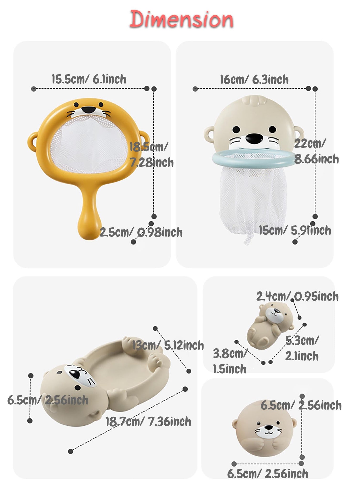 Rinnland Otter Bath Toy, Otter Family Tub Toy Bathtub Floating Toy for Kids - Soft Vinyl and ABS Plastic Material - No Hole One-Piece Design (Otter Playset + Baketball Hoop + Fishing Net + 2 Balls)