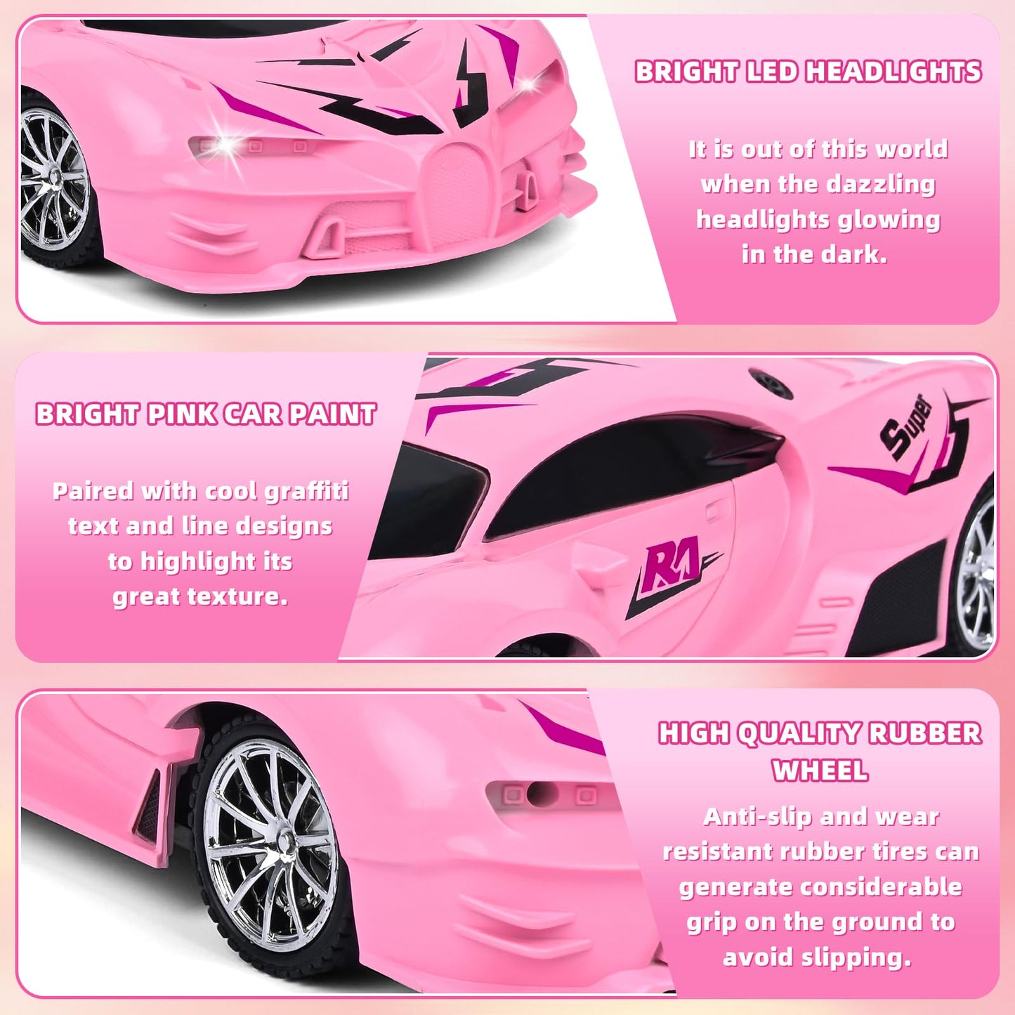KULARIWORLD Pink Remote Control Car for Girls, Rechargeable High Speed Drift RC Cars Toys Gifts for Girl Age 6 7 8-12,1/18 Super Vehicle with Headlight Racing Hobby Xmas Birthday Gift