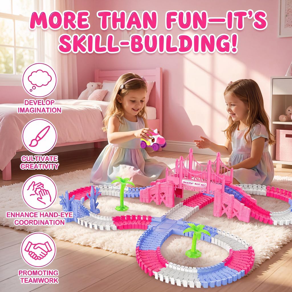 Race Car Tracks Toy Set for Girls Age 3-8, 214PCS Pink Princess Cars Toys with Monster Truck & Magic Bendable Train Tracks, Flexible DIY Raceway Set for Toddler Girls Christmas Birthday Gifts