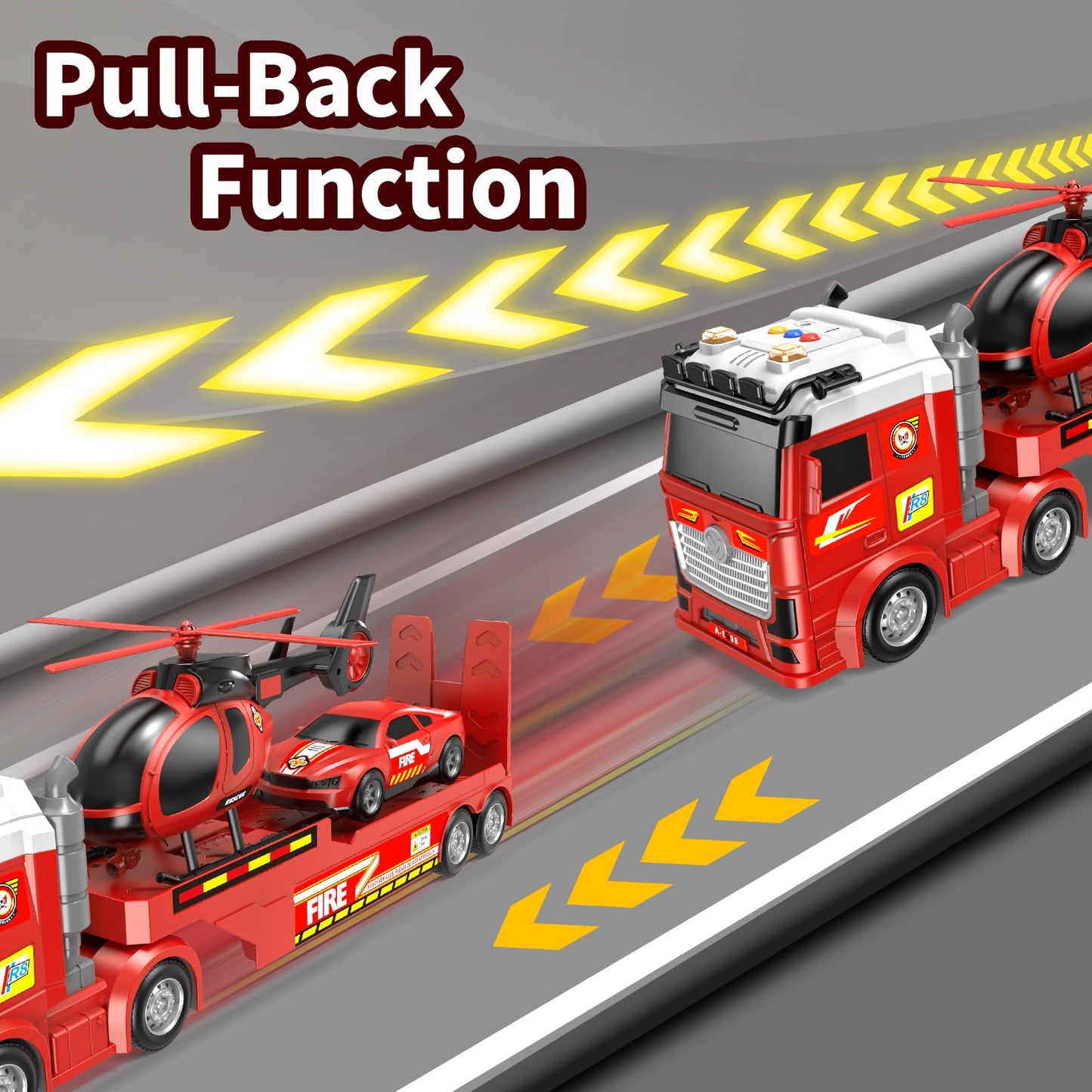 DWIRCTOYS Kids Toys for Ages 3 4 5 6 7 8 Years Old Boys, 25" Large Fire Semi Truck with Helicopter & Race Car, Friction Powered Vehicle with Lights & Sounds,Birthday Gift for Boys Girls