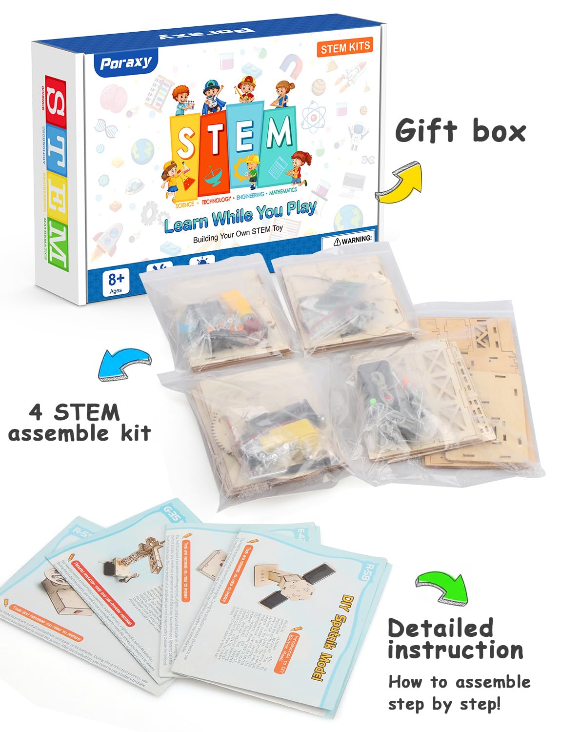 Poraxy 4 in 1 STEM Kits, STEM Projects for Kids Ages 8-12, Assembly 3D Wooden Puzzles, Building Toys, Educational Science Craft Model Kit, Gift for Boys and Girls 8 9 10 11 12 Years Old, Marble Run
