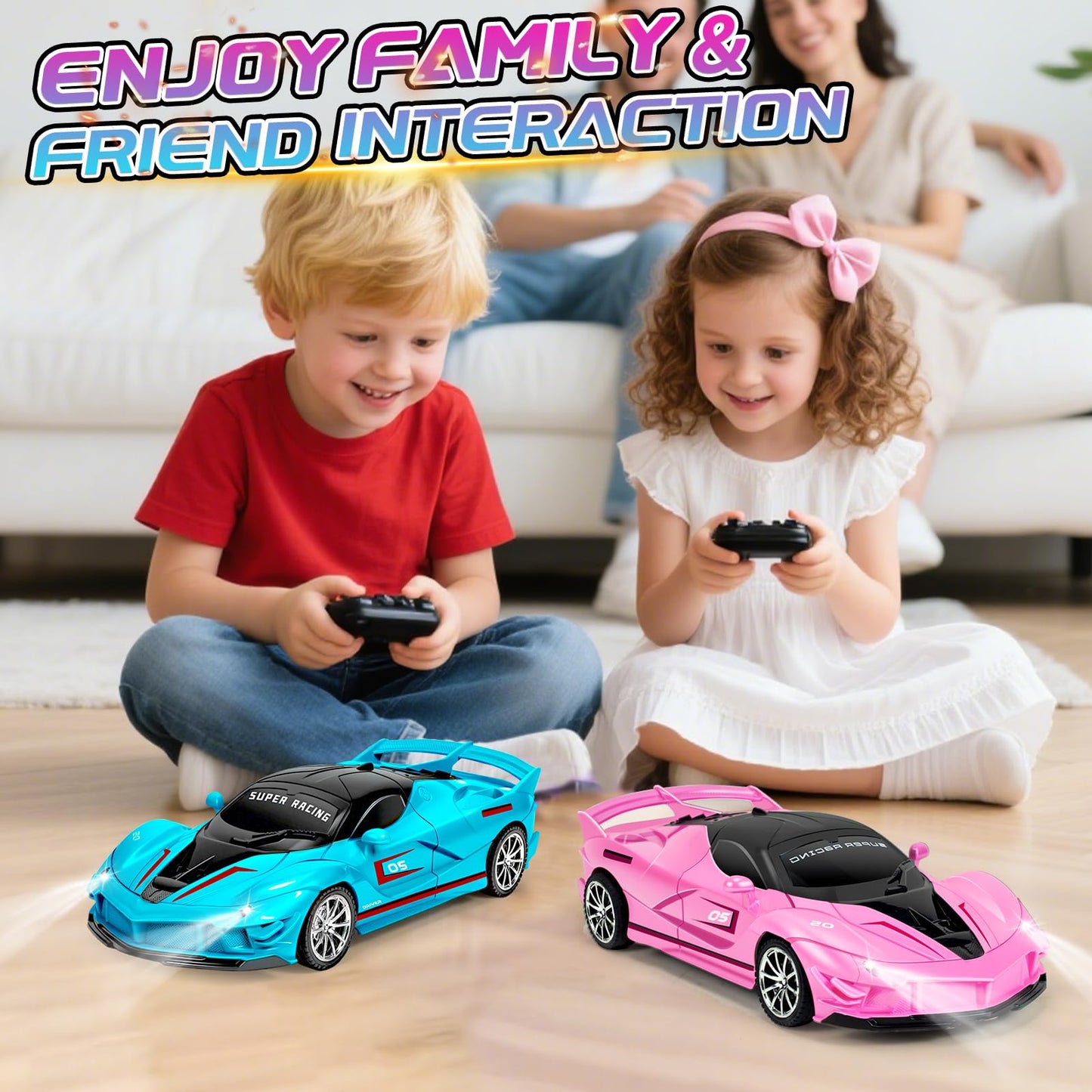 Bloolilies 2 Pack Remote Control Car for Girls 3-5, 1:18 Scale Hobby Rc Cars Toys for Kids Age 3 4 5 6 7 8-12 Year Old- Model Sports Racing Car with Headlights Birthday Gift for Kids, Pink & Blue