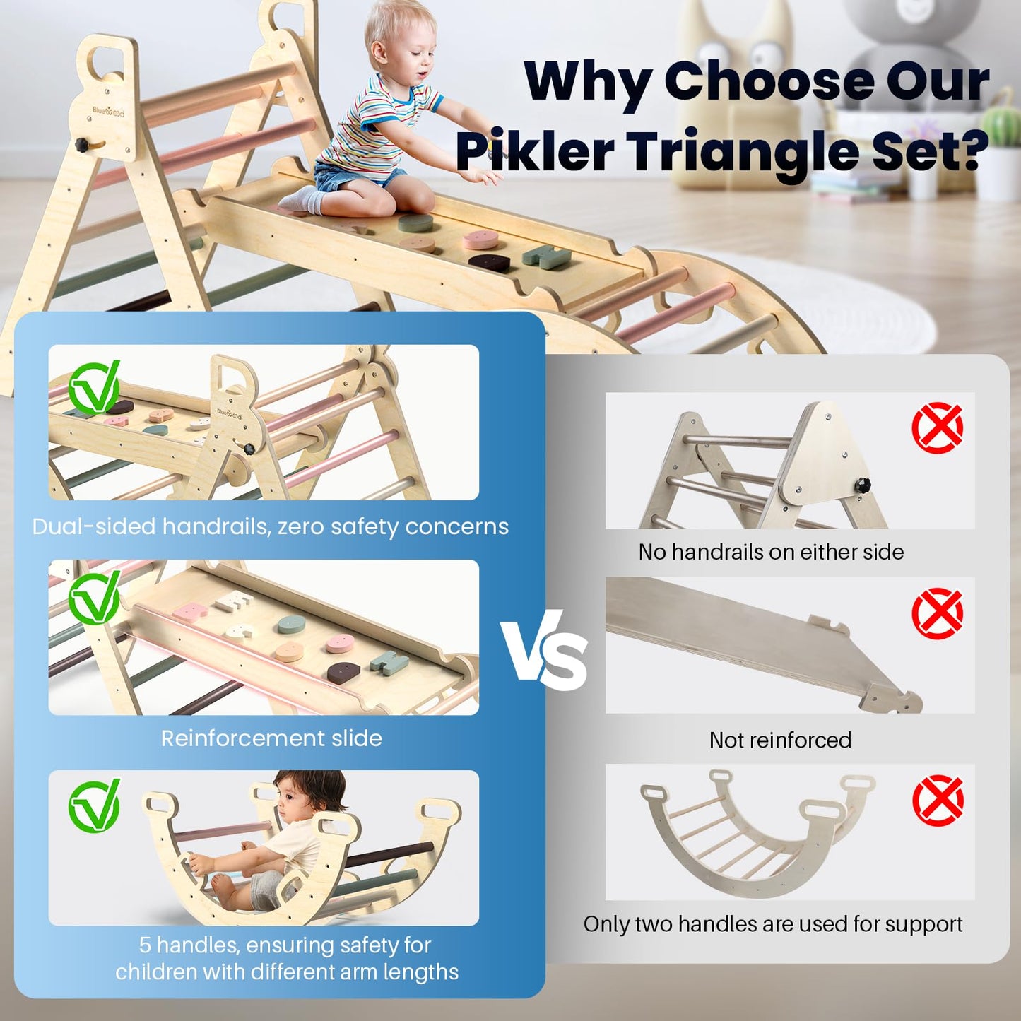 BlueWood Pikler Triangle Set, 7-in-1 Foldable Wooden Toddler Climbing Toys Indoor Playground Jungle Gym Montessori Philosophy Climber for 2-6 Years Old, Baby, Kids (Mauve Pink)