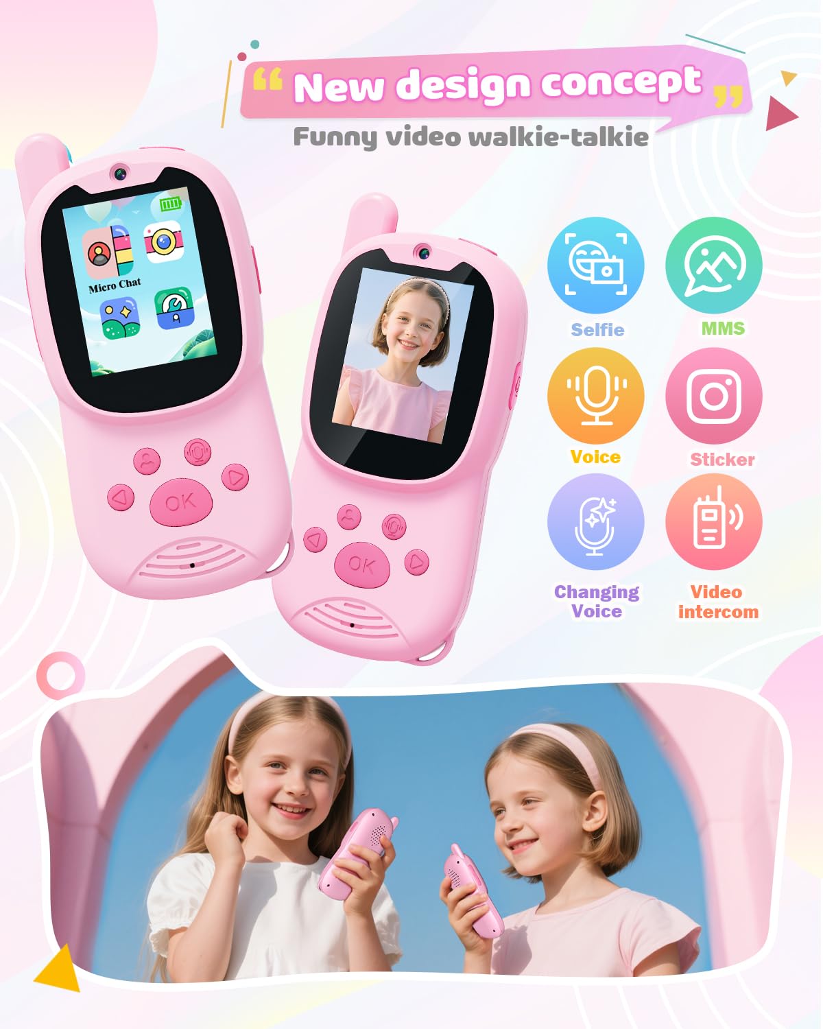Eveedo Video walkie talkies for Kids,2 Pack Rechargeable Kids Walkie Talkies can Send Messages,Christmas Birthday Gifts for Kid Age 3-12,Portable Toddler Toy for 4 5 6 7 8 9 Year Old Girls Boys Pink
