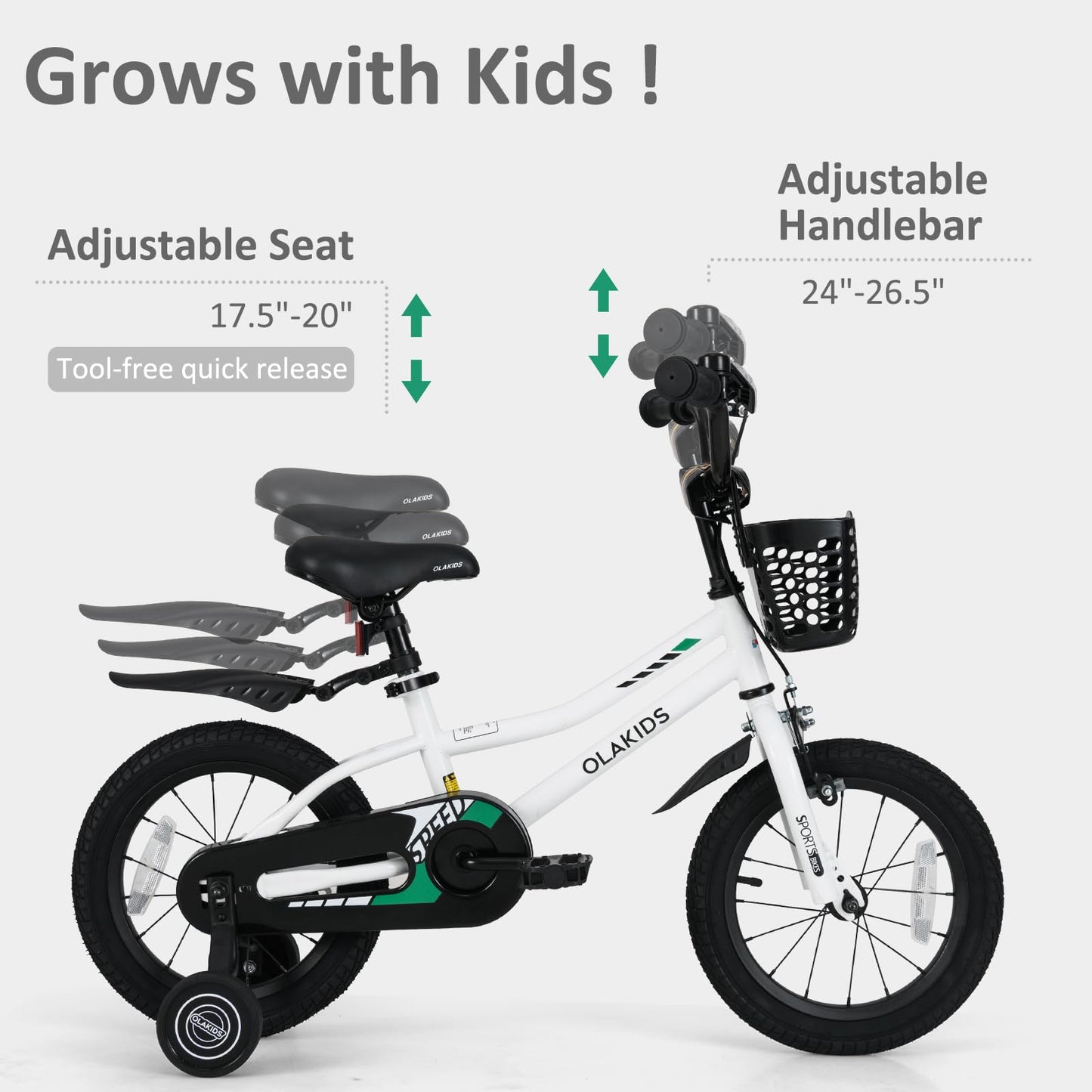 Olakids Kids Bike, 12 Inch Toddlers Bike with Training Wheels Storage Basket Adjustable Seat and Handlebar, Handbrake and Coaster Brake, Children's Bicycle for Boys Girls Aged 3+ Years Old