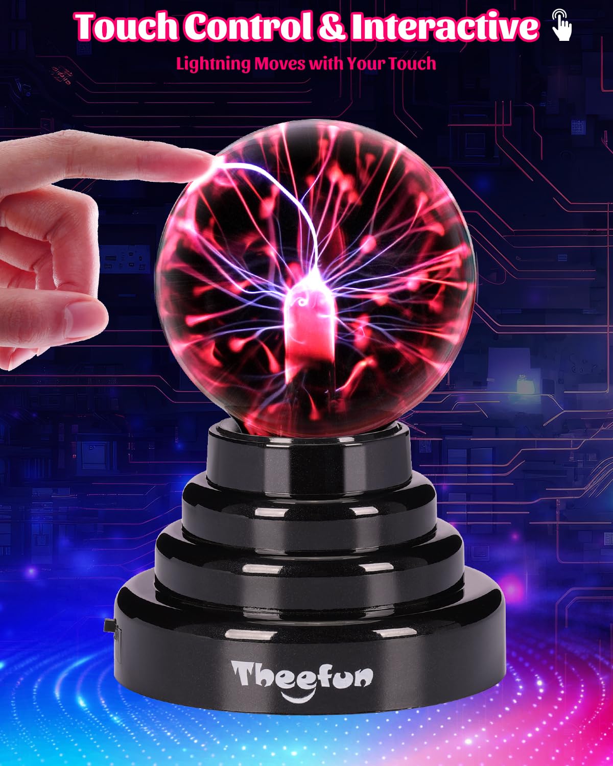 Theefun Plasma Ball, 3 Inch Plasma Lamp, Touch Sensitive Plasma Globe USB or Battery Powered Nebula Thunder Lightning, Novelty Toy for Kids, Parties, Prop, Bedroom, Home, Decoration