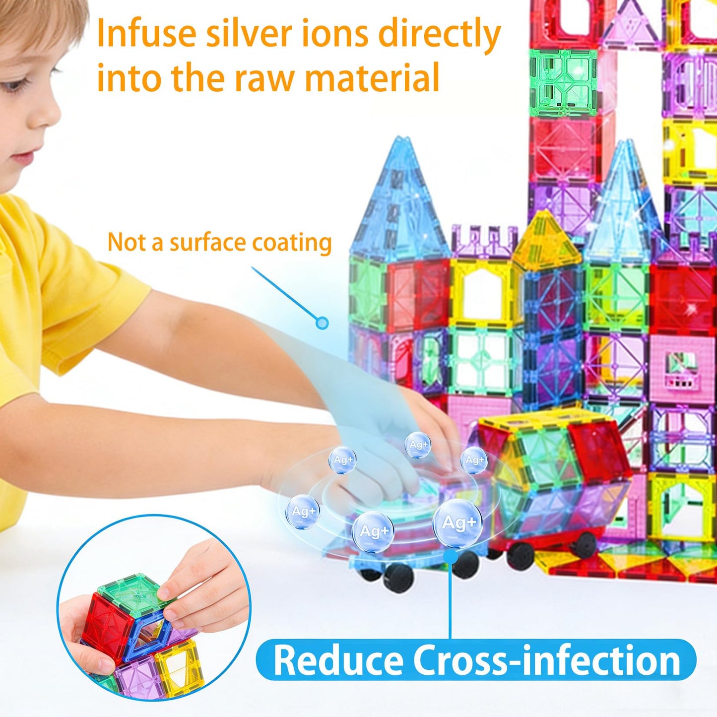 HAPPYMATY Upgraded Antibacterial Magnetic Tiles - 106 PCS Magnet Building Tiles with 2 Cars for Kids, Inhibits Bacterial Growth for Safe Play, 3D STEM Educational Construction Blocks & Xmas Gift