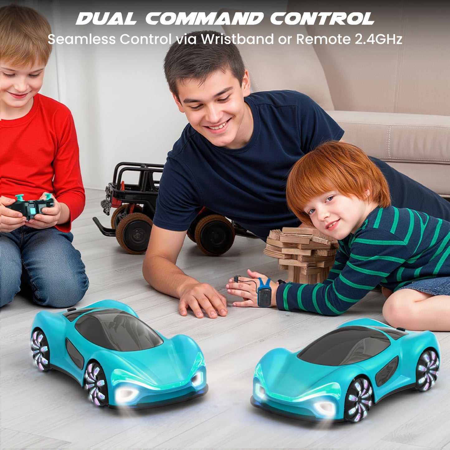 SIMREX Gesture Sensing Remote Control Car with Charging Dock - 360° Rotate Drift RC Stunt Car Toy, 40 Min Playtime, Dual Control, Spray Mist & LED Lights, Birthday Gift for Kids Boys Girls（Blue）