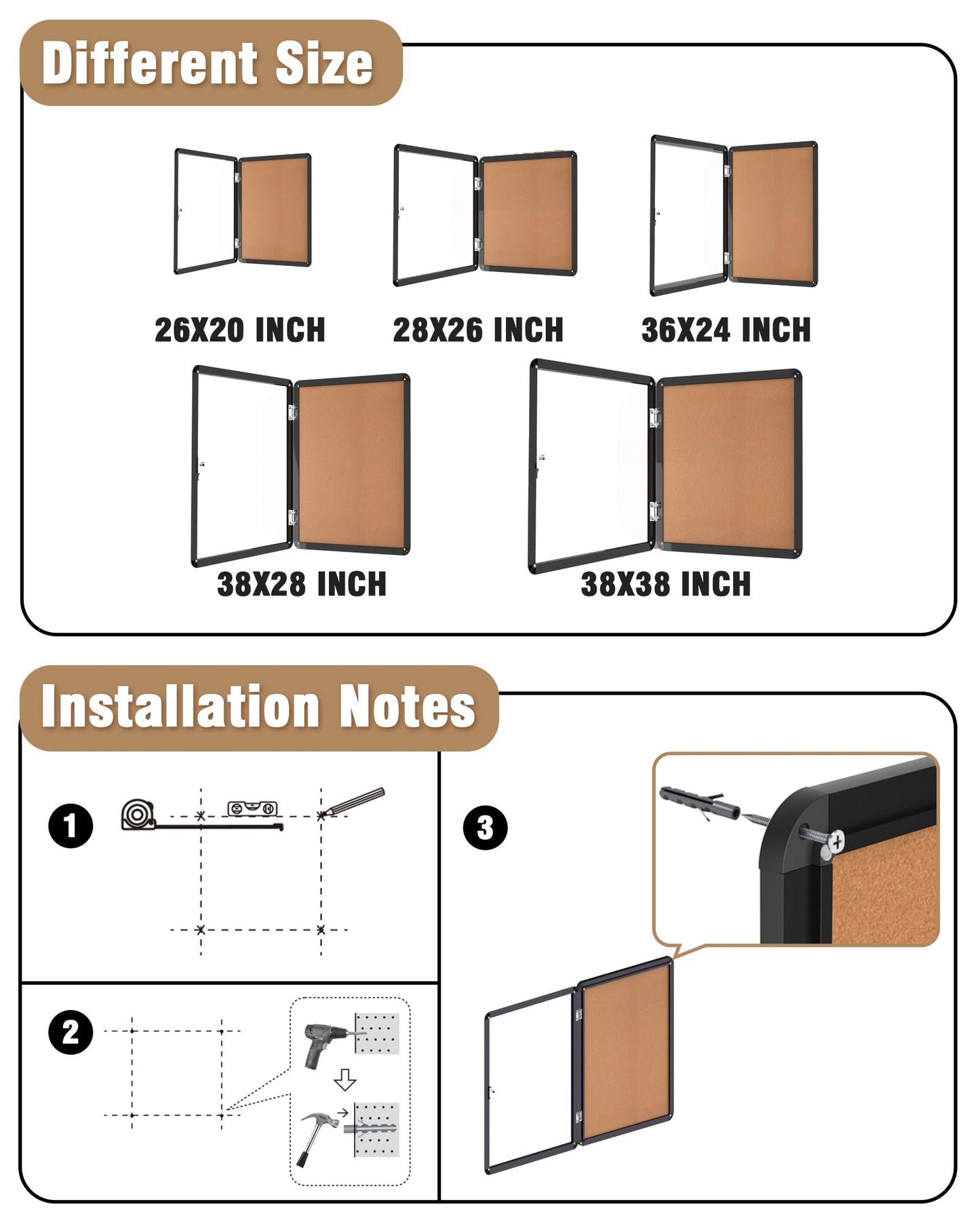 Mifuro 36"x24" Enclosed Bulletin Board, Lockable Weather-Resistant Aluminum Cork Noticeboard for School & Office, Black Frame w/Cork