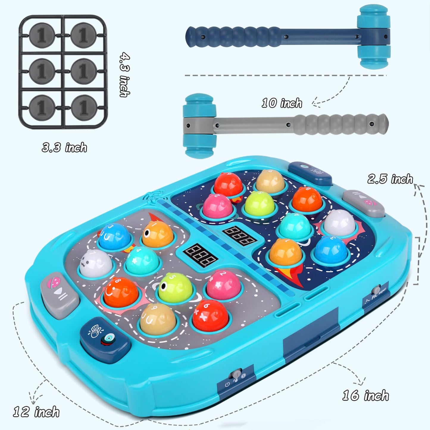 Whack Game Mole for Toddlers, Toys for 3-12 Year Old Boys Girls, Pounding Toys for Age 3-8, Birthday Gifts for 3 4 5 6 7 8+ Year Old Boys Kids, Educational Toy with Sound,Light,PK Mode with 2 Hammers