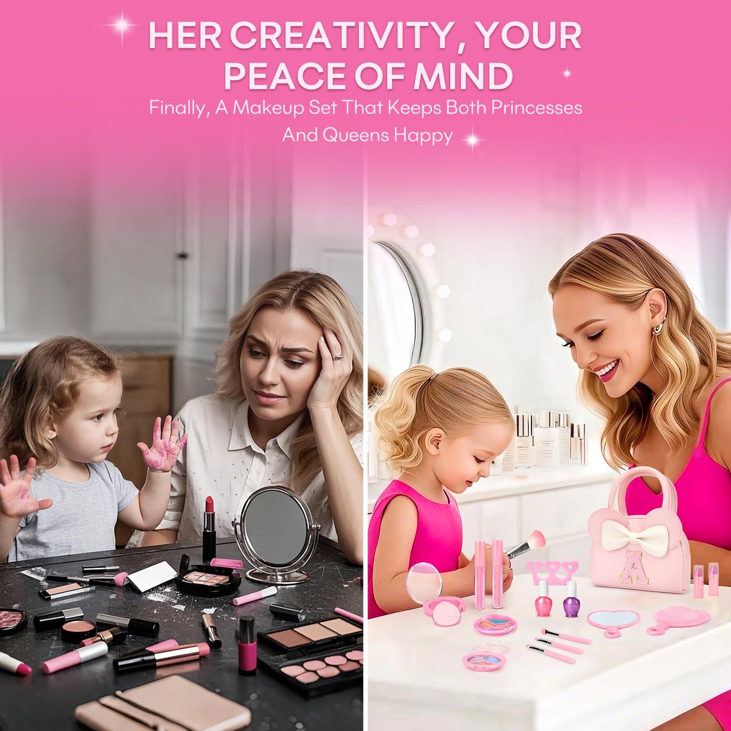 Kids Real Makeup Kit for Girls - 18Pcs Non-Toxic Washable Make Up Toys with Initial Toddler Purse - Personalized Birthday Gifts for Age 3 4 5 6 7 8 9 10 Years Old Girls Vanity Set - E