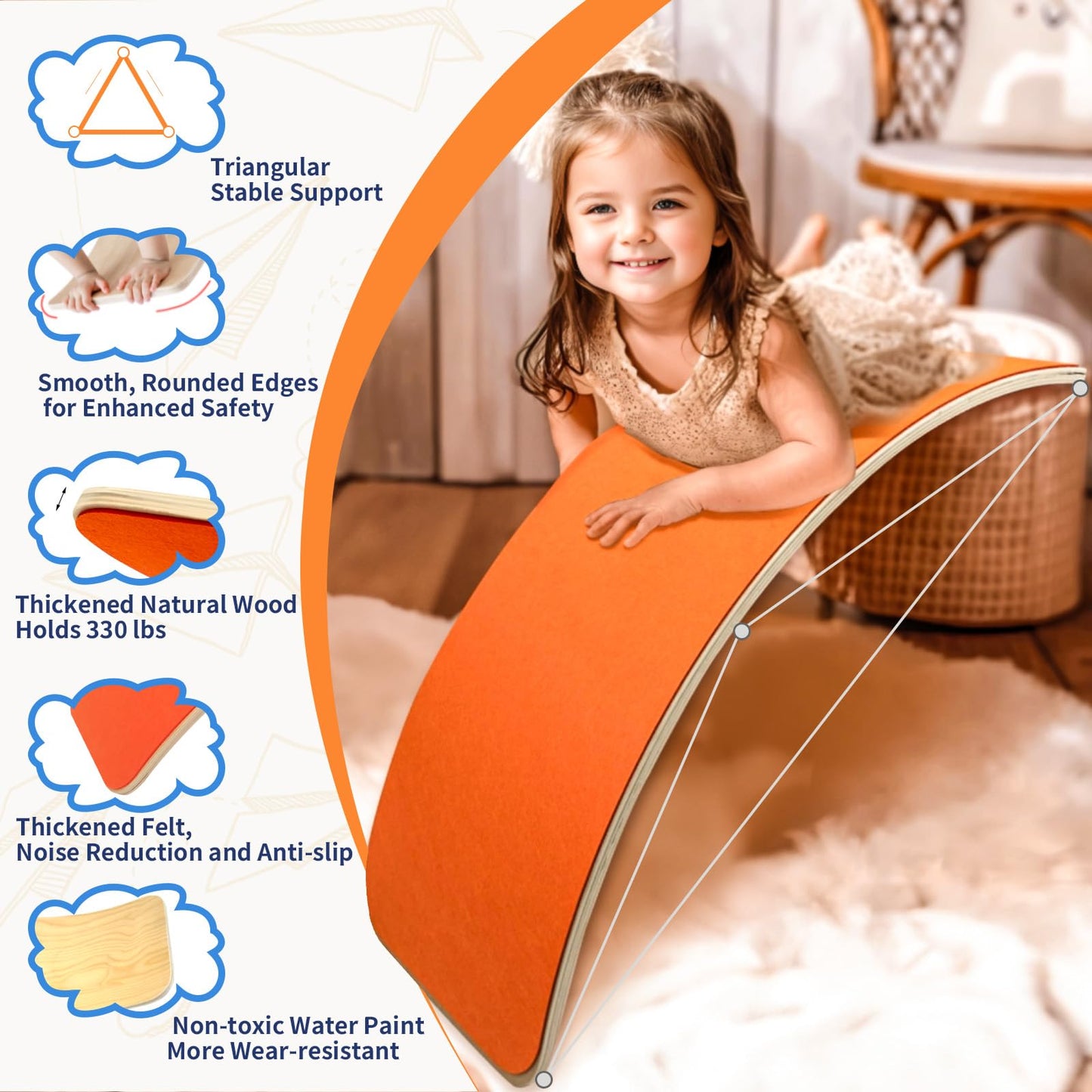 edutree Wooden Wobble Balance Board for Kids, 35 Inch Balance Beam Rocker Board for Toddlers Adults, Montessori Waldorf Learning Toys for Yoga Exercise