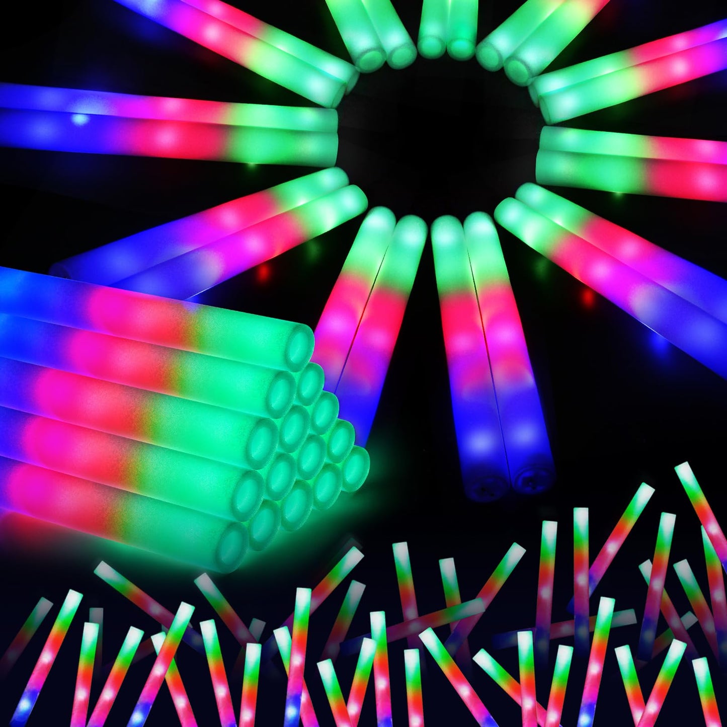 SHQDD 46PCS Foam Glow Sticks, Foam Light Up Sticks with 3 Modes Colorful Flashing, Glow Stick Bulk Party Pack, Glow in Dark Party Supplies, LED Foam Sticks Bulk for Wedding, Raves, Concert, Halloween