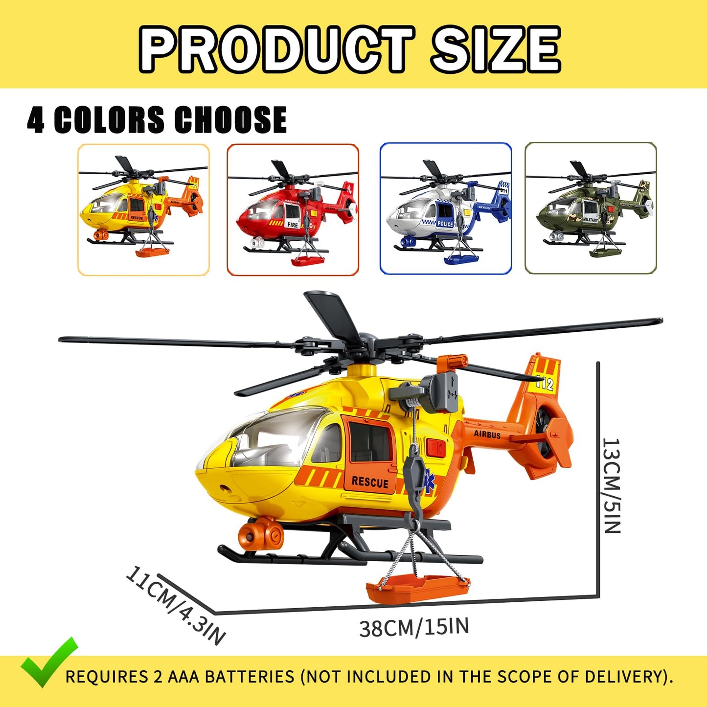 RANHANGQI 15" Rescue Helicopter Toy Light and Sound Rescue Vehicles Toys for Kids Aged 3 Toddler Kids Boys Gifts
