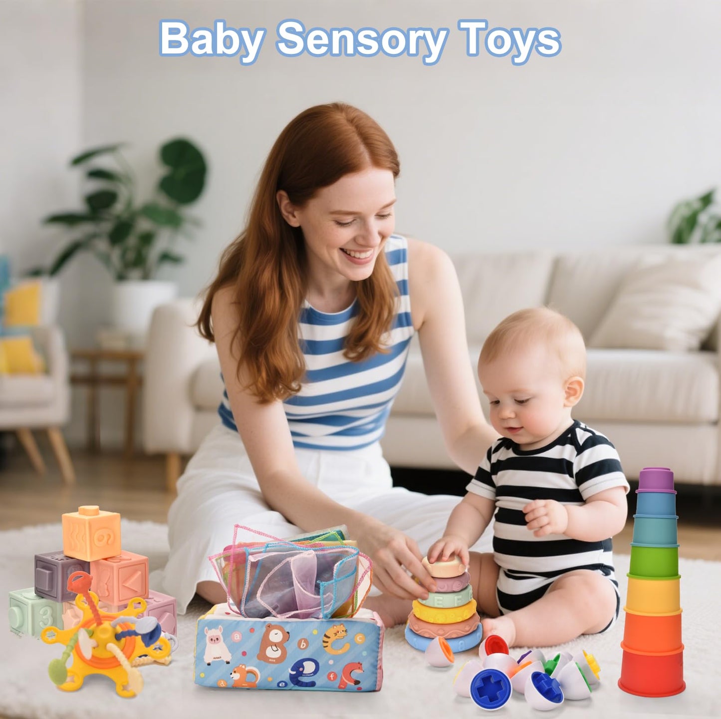 Baby Toys 6-12 Months,Montessori Toys for 6-9-12 Month old,6-in-1 Sensory Toys Stacking Cups Building Blocks,Teething Pull String,Tissue Box Toys for Babies 6-9-12,18-24 Months,1-3 Year old Baby Gifts